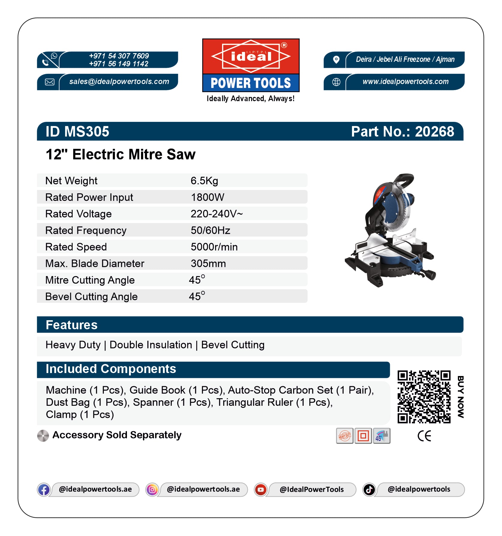 Product card for 12" Electric Mitre Saw with specifications and branding details.