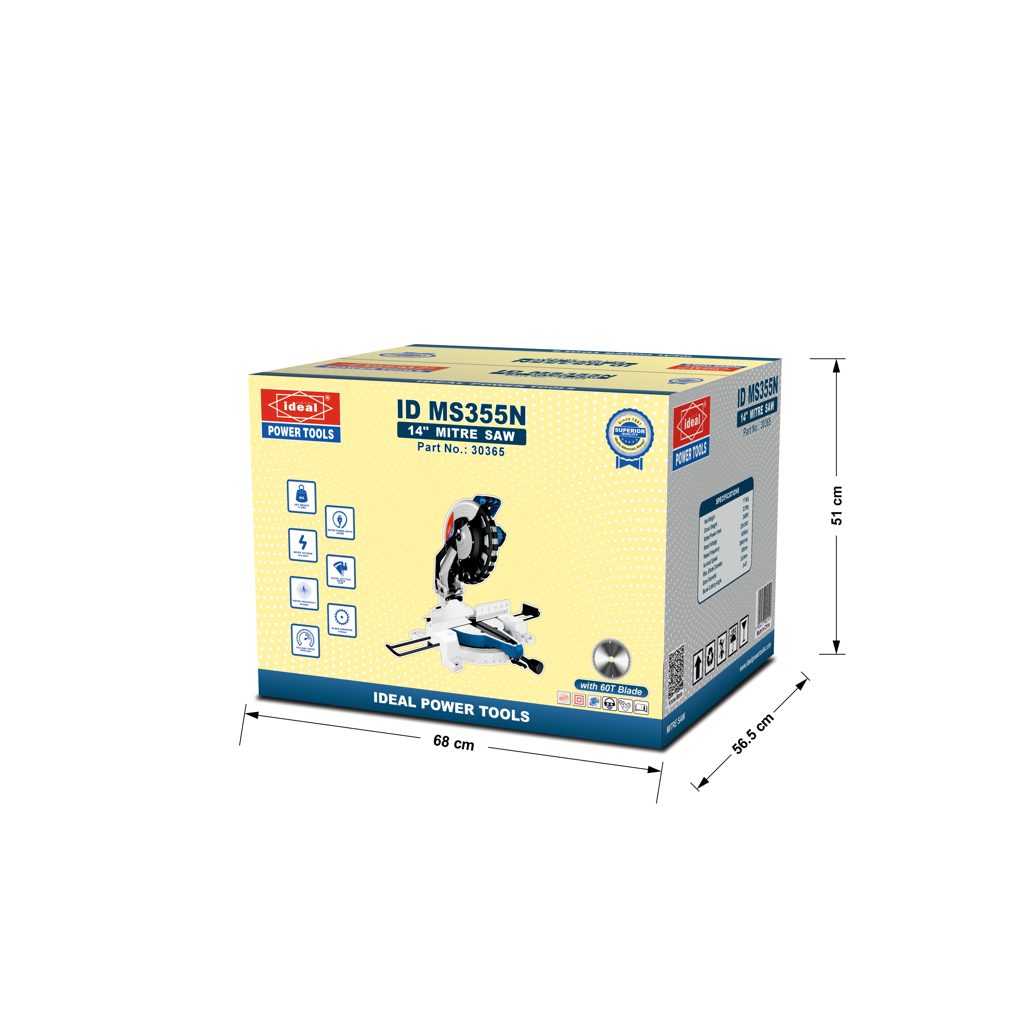Box packaging of Ideal Power Tools mitre saw ID MS355N with dimensions on a white background