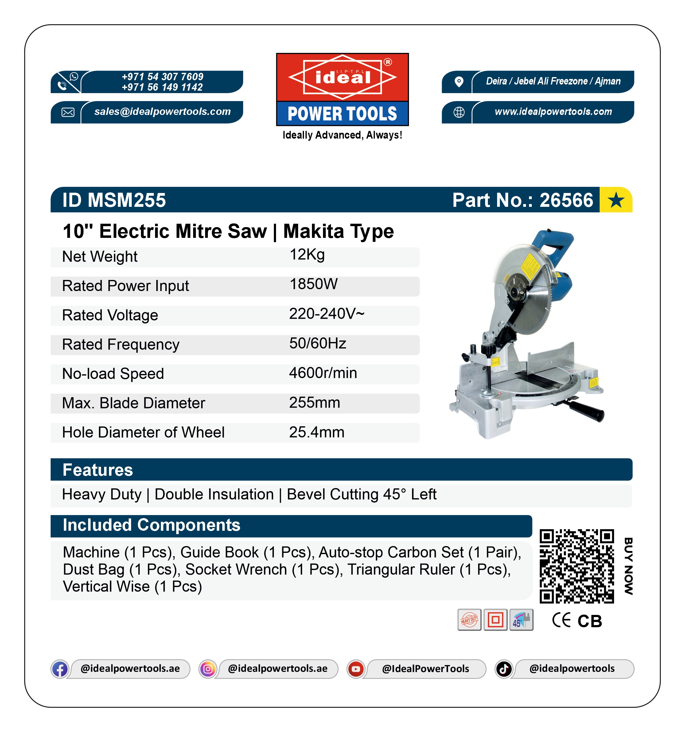 Product card for 10" Electric Mitre Saw ID MSM255 with specifications and branding details.