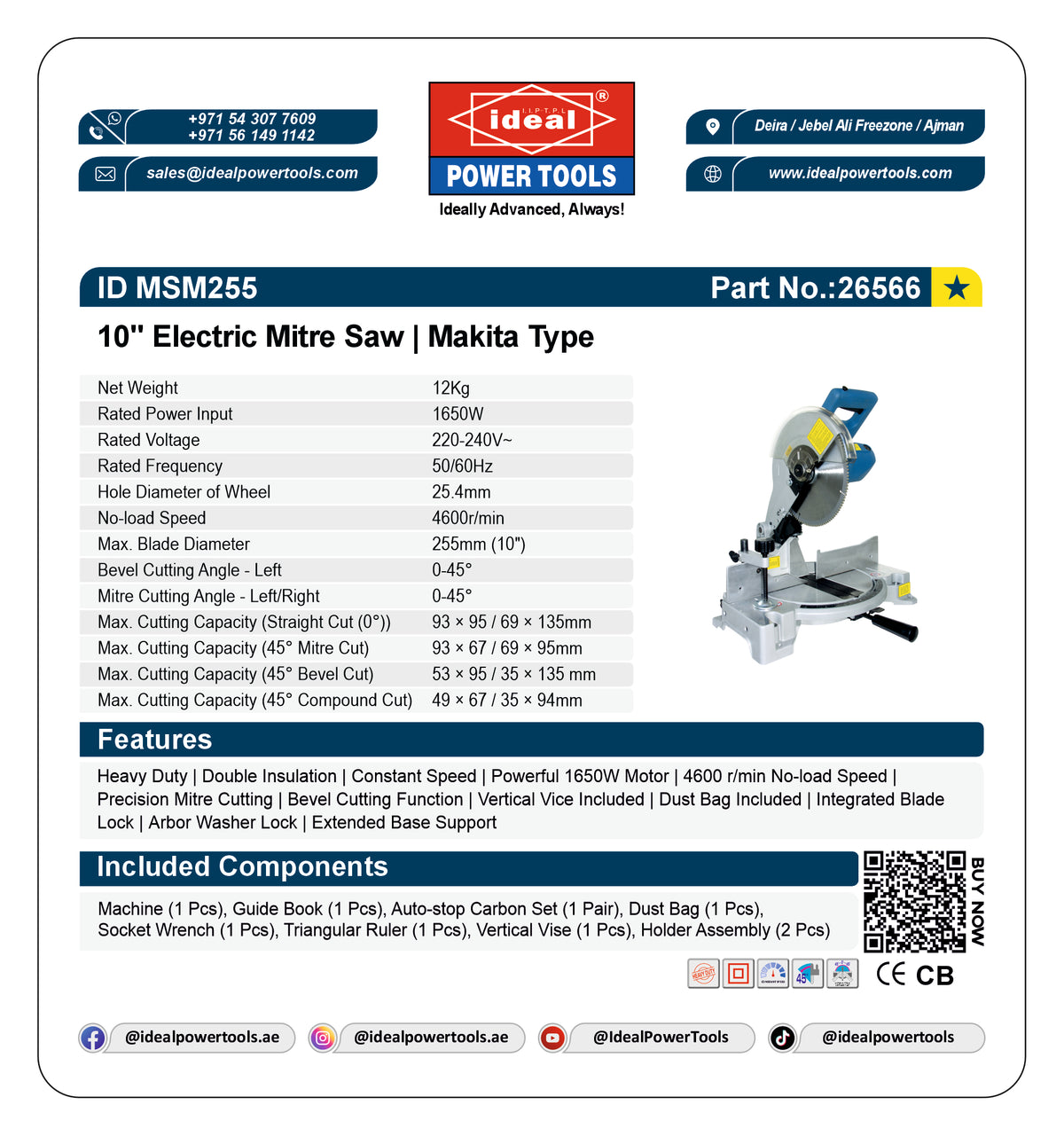 Technical product specification sheet for an Ideal 10" Electric Mitre Saw (Makita Type), Part No. 26566.