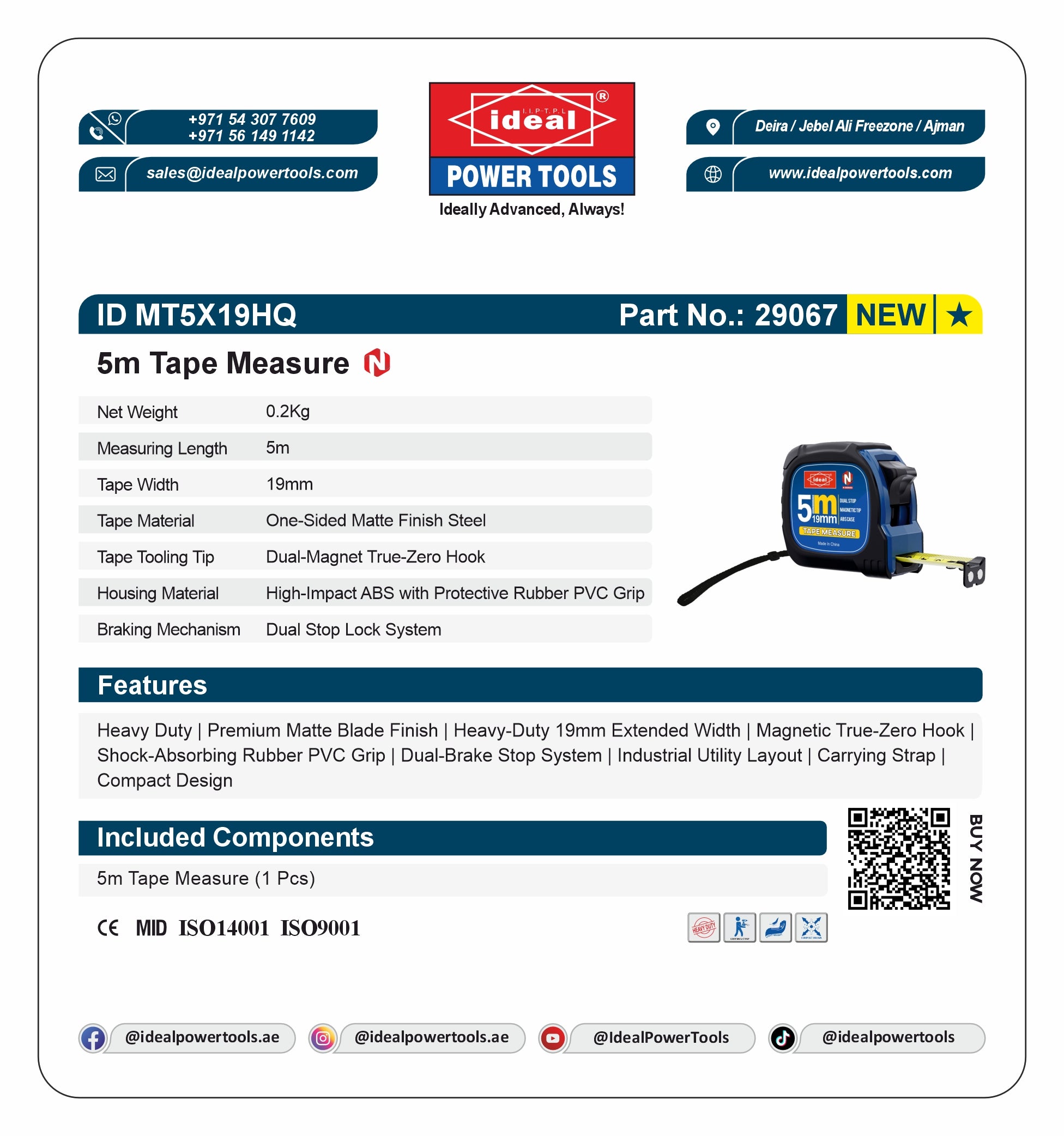 Product label for 5m tape measure with Ideal Power Tools branding and specifications.