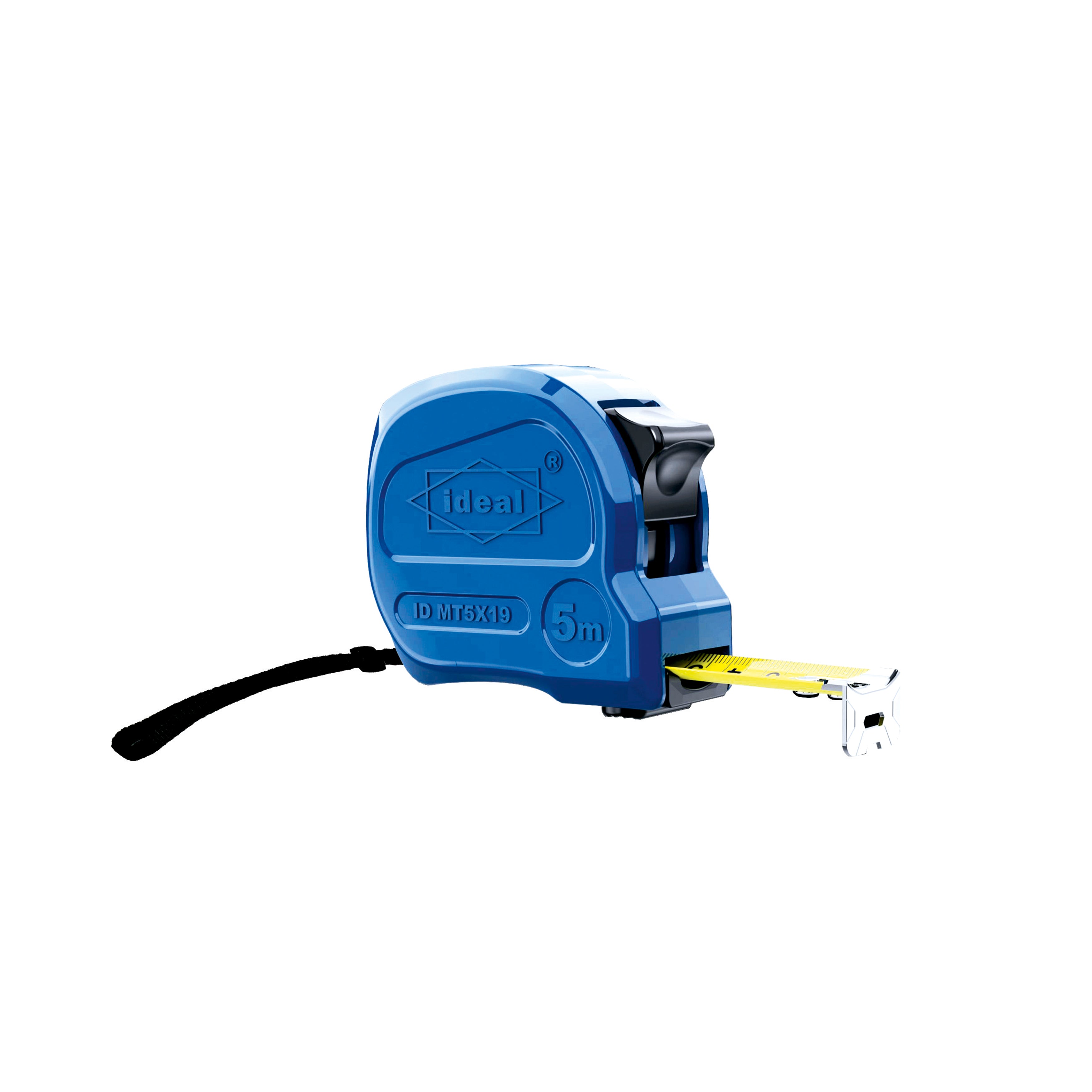 Blue tape measure ID MT5X19 with yellow measuring tape on a white background