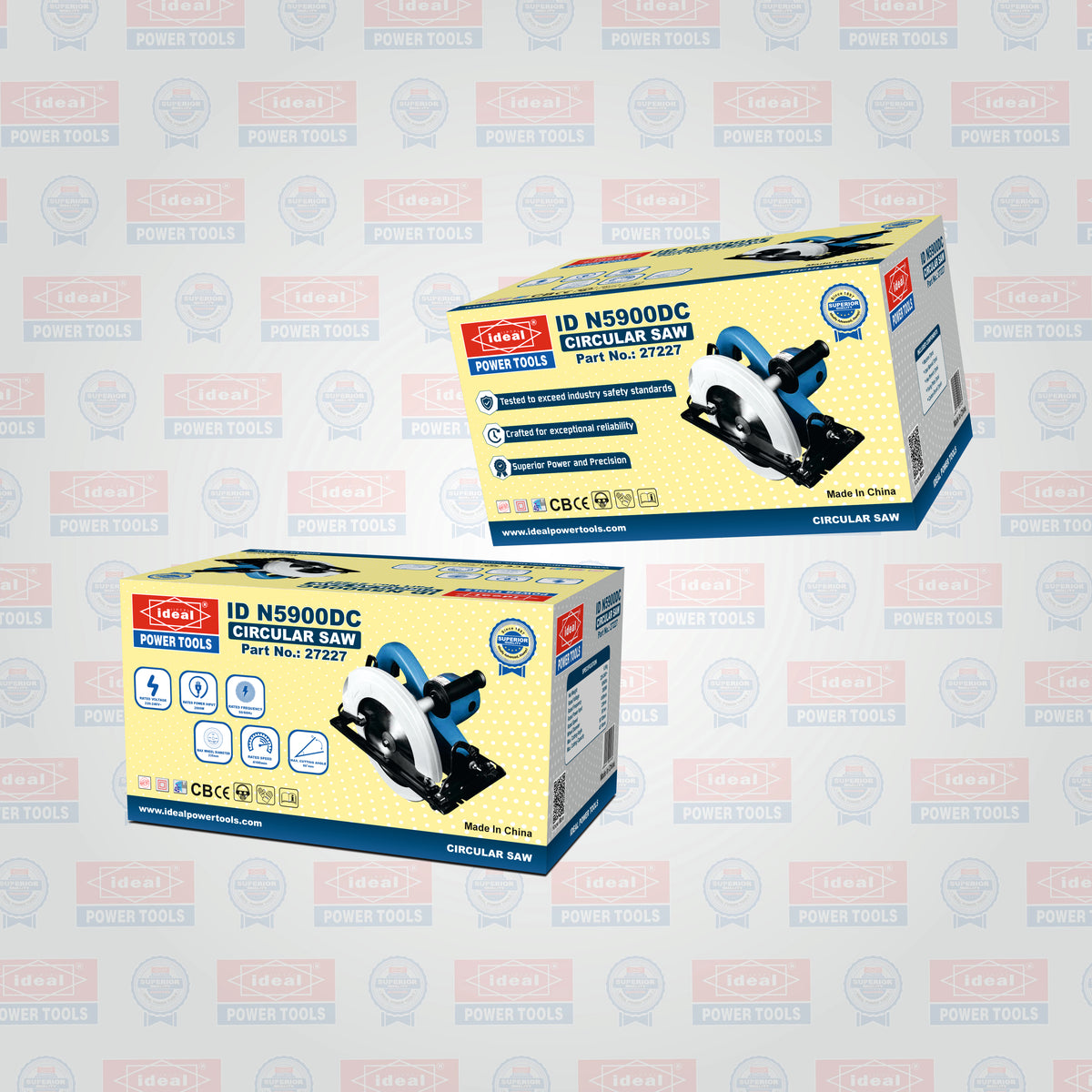 Two retail boxes of the Cleco ID N5900DC Circular Saw shown on a light gray background with a repeating branded watermark pattern.