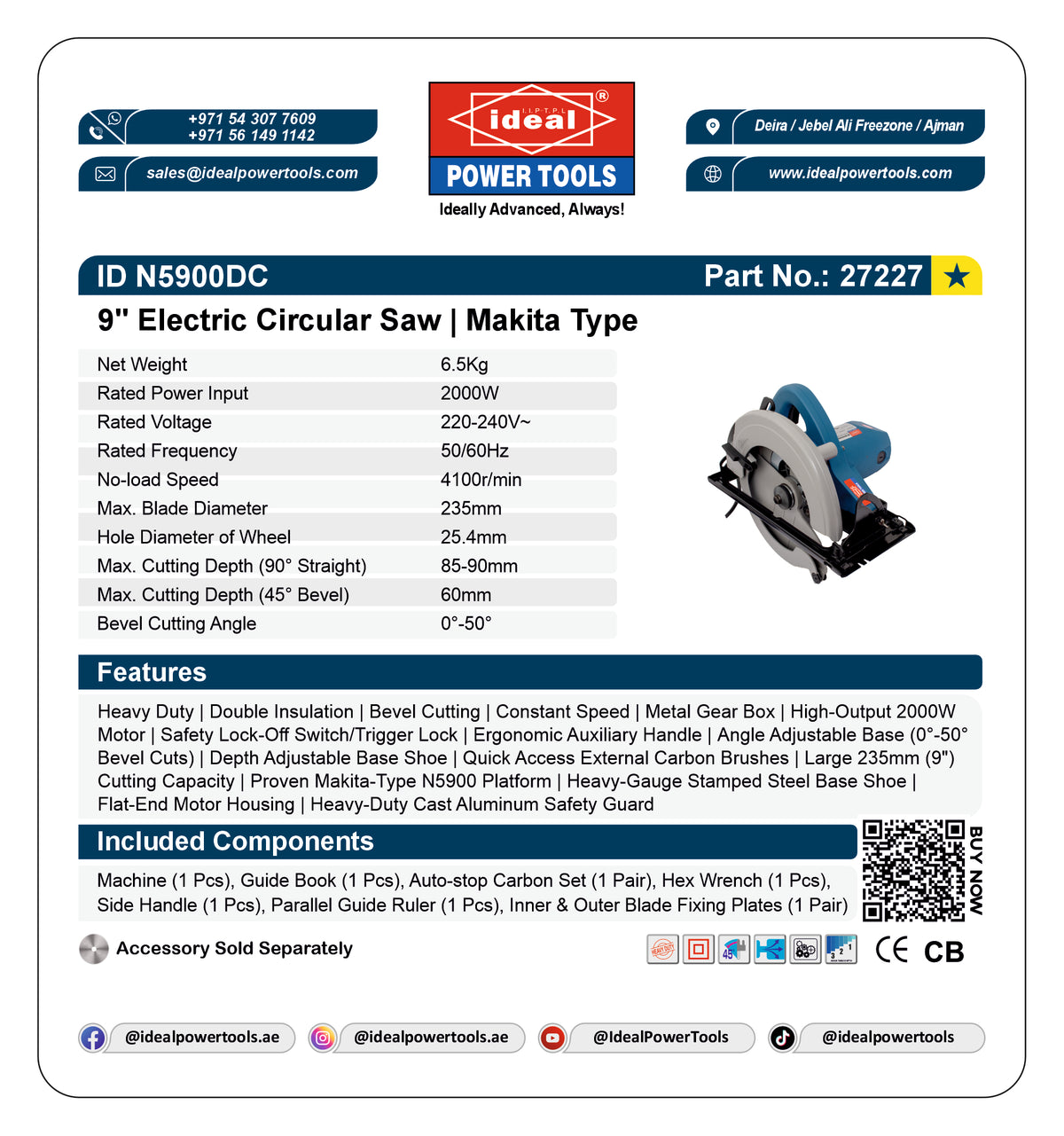 A white product information card for the Ideal ID N5900DC Electric Circular Saw with a blue product photo, specifications, features, included components, and a QR code.