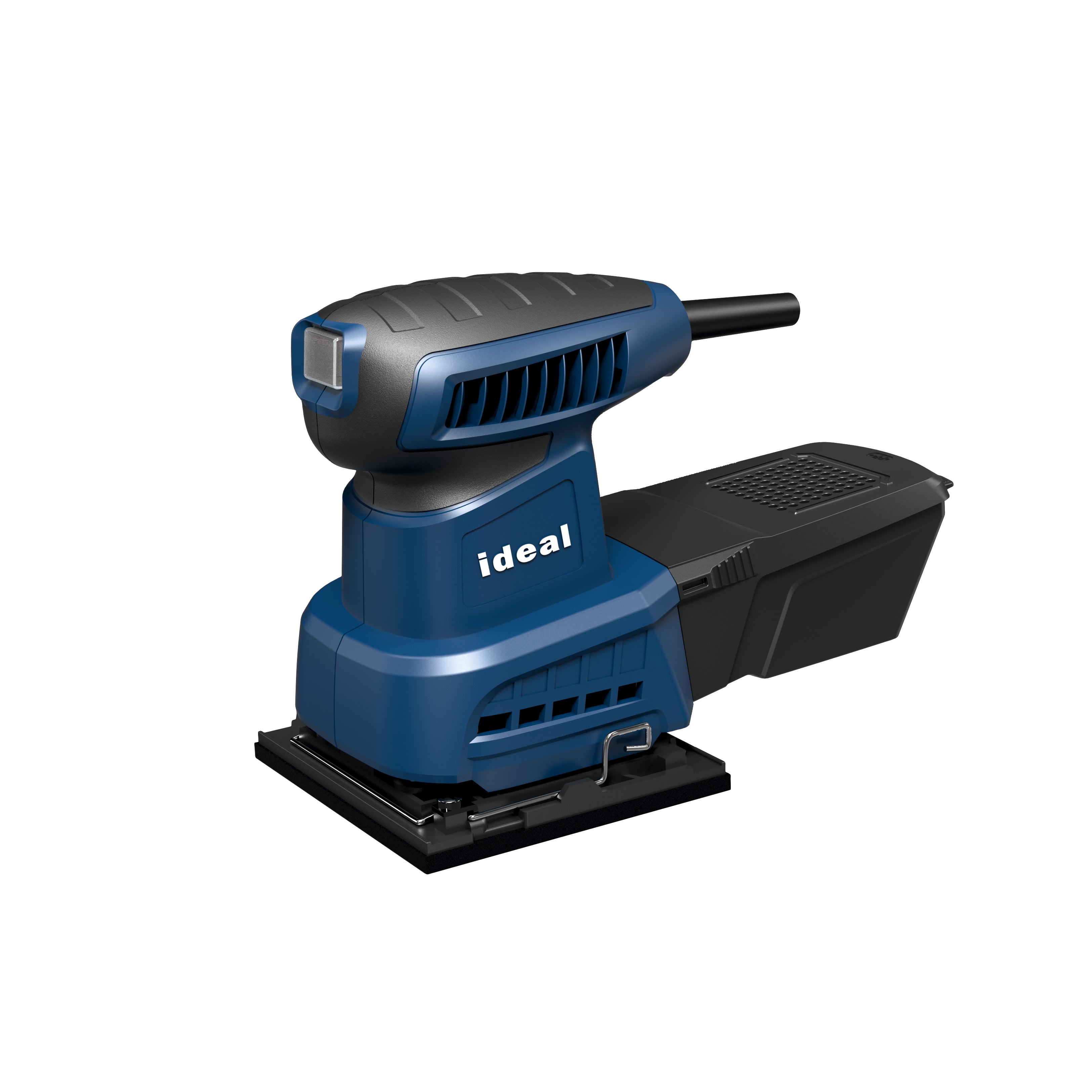 Blue and black orbital sanding machine with 'ideal' branding on a white background