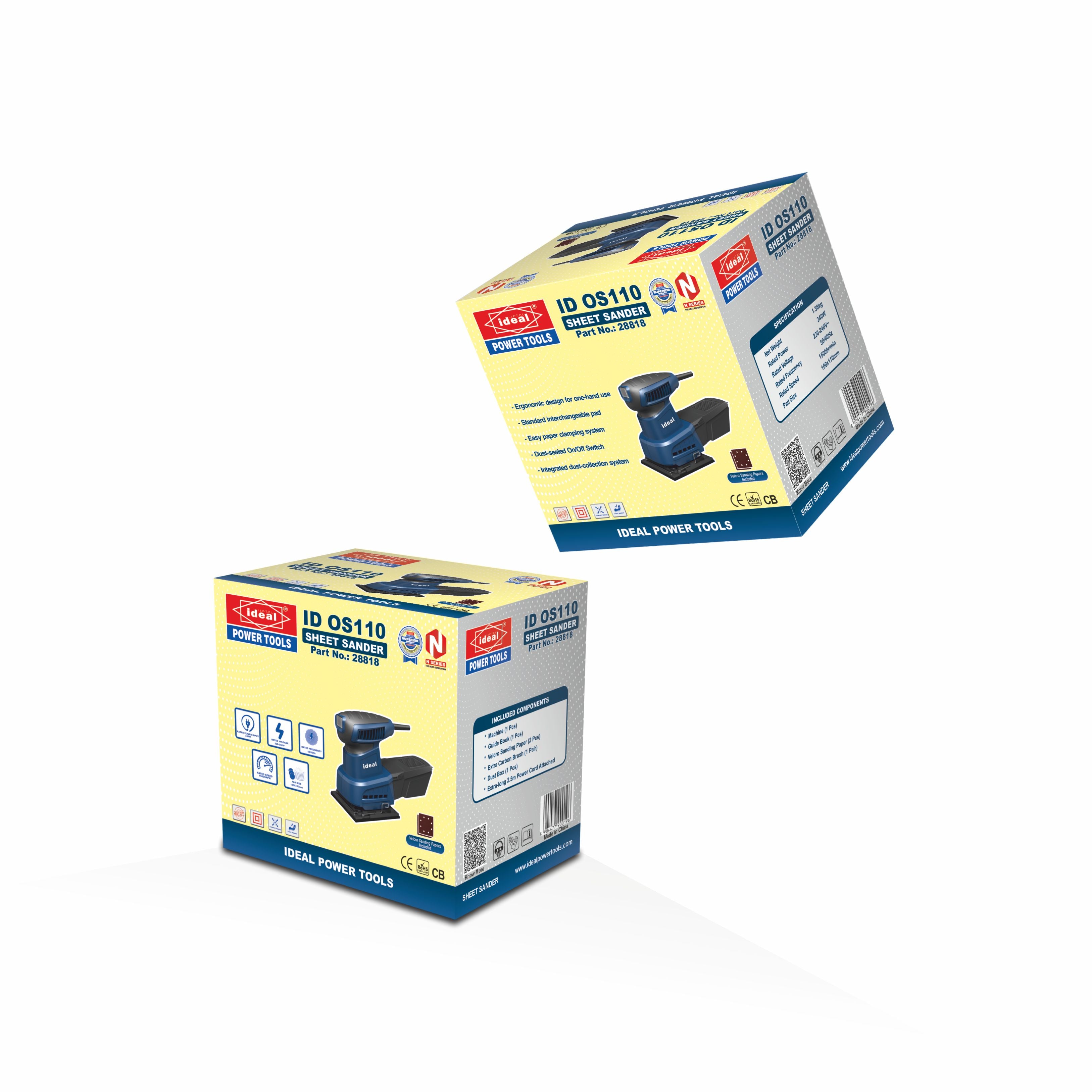 Two boxes of Ideal Power Tools orbital sander on a white background