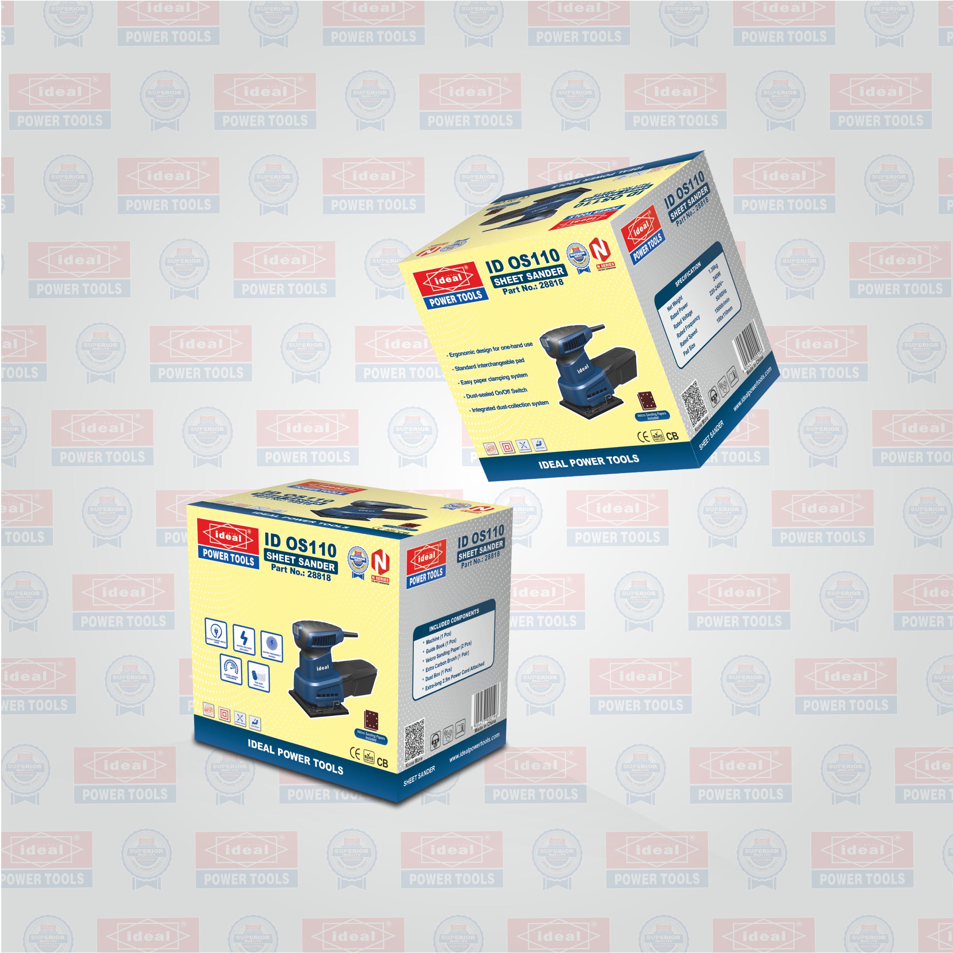 Two boxes of Ideal Power Tools sheet sander on a patterned branded background