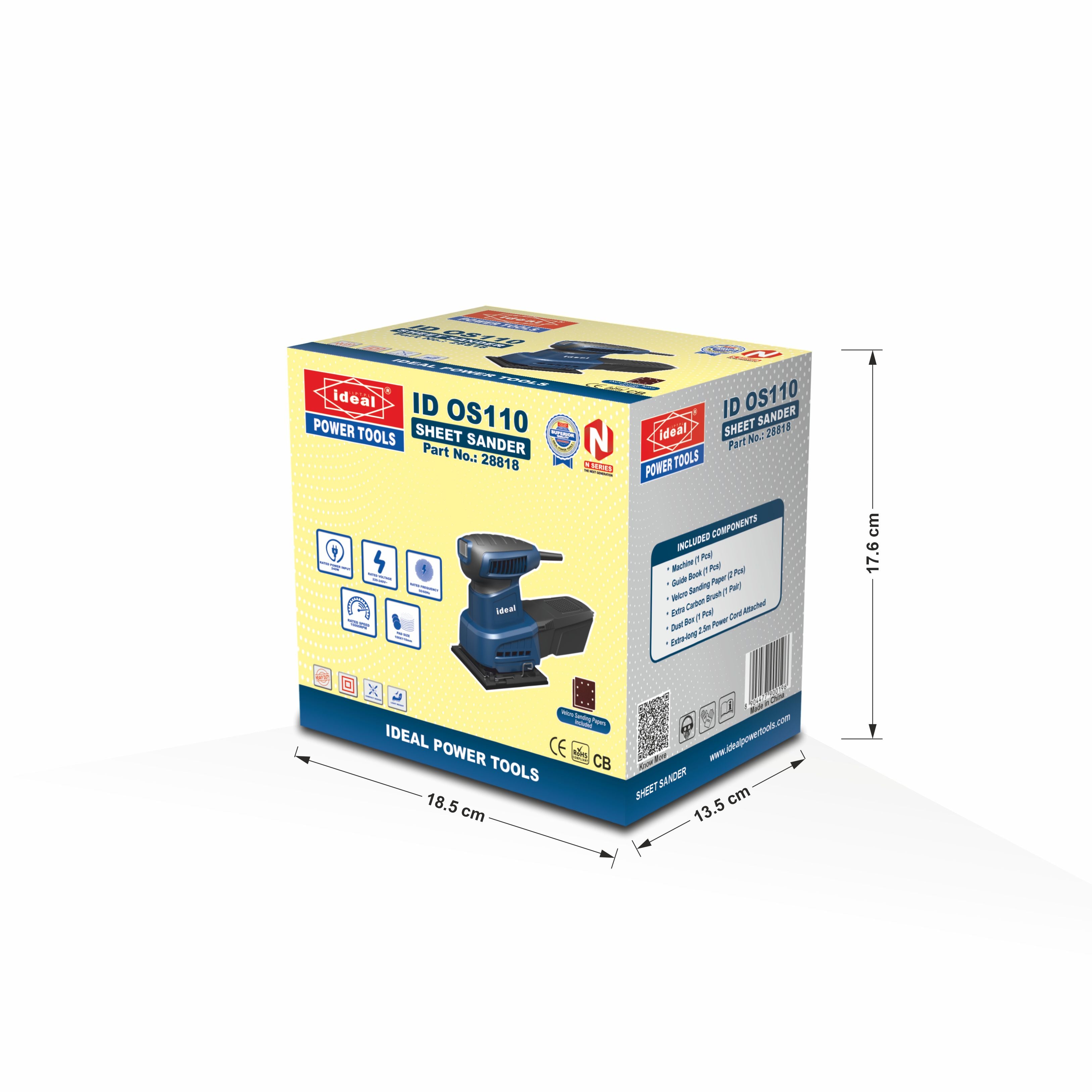 Box of a sheet sander with dimensions on a white background