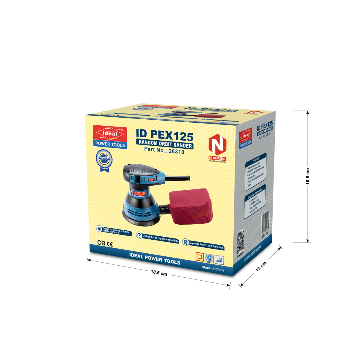 A boxed orbital sander shown on a plain white background, with dimension lines indicating 16.5 cm height, 18.5 cm width, and 13 depth.
