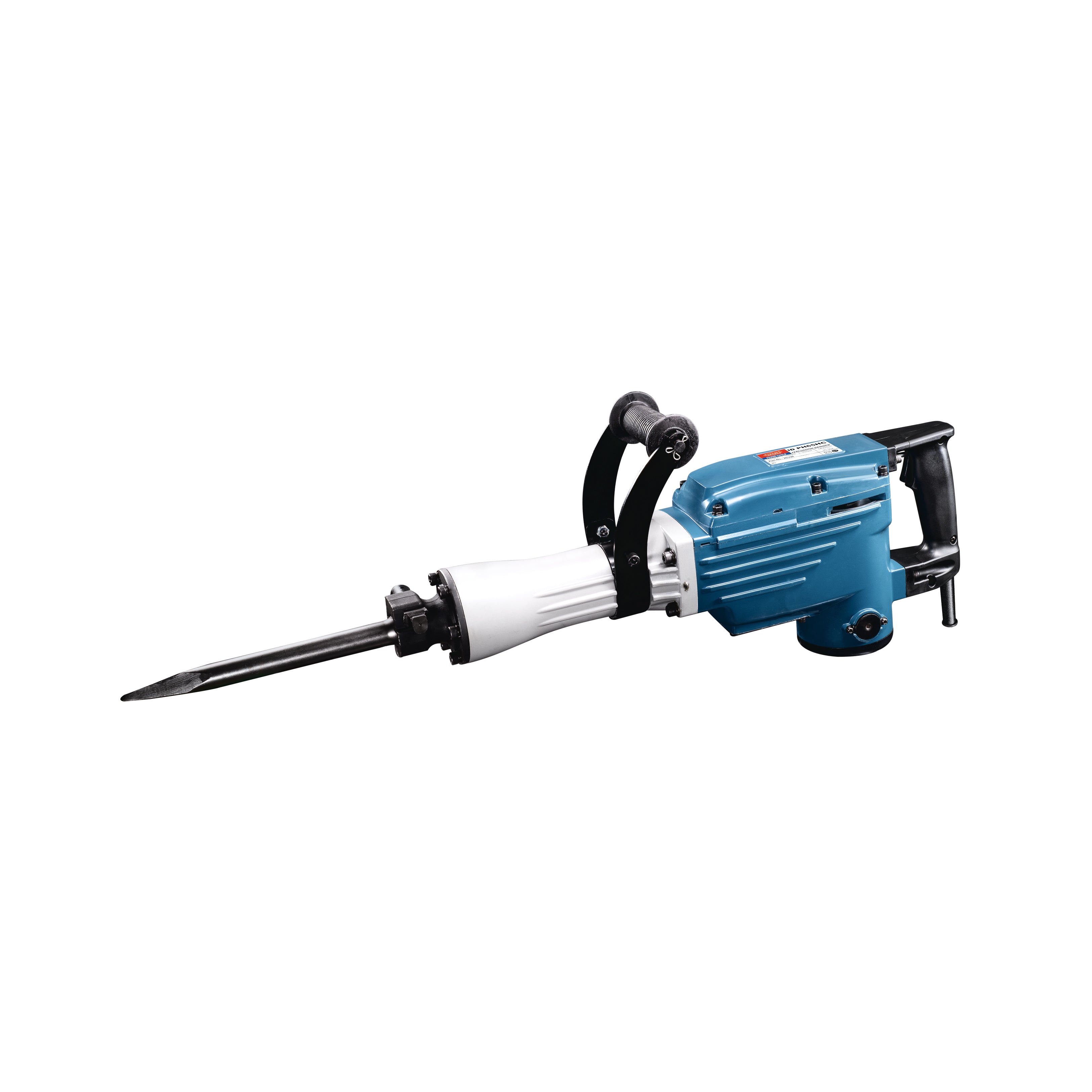 A blue and white electric demolition hammer ID PH65HC with a black attachment bit, shown from a side profile on a solid white background.