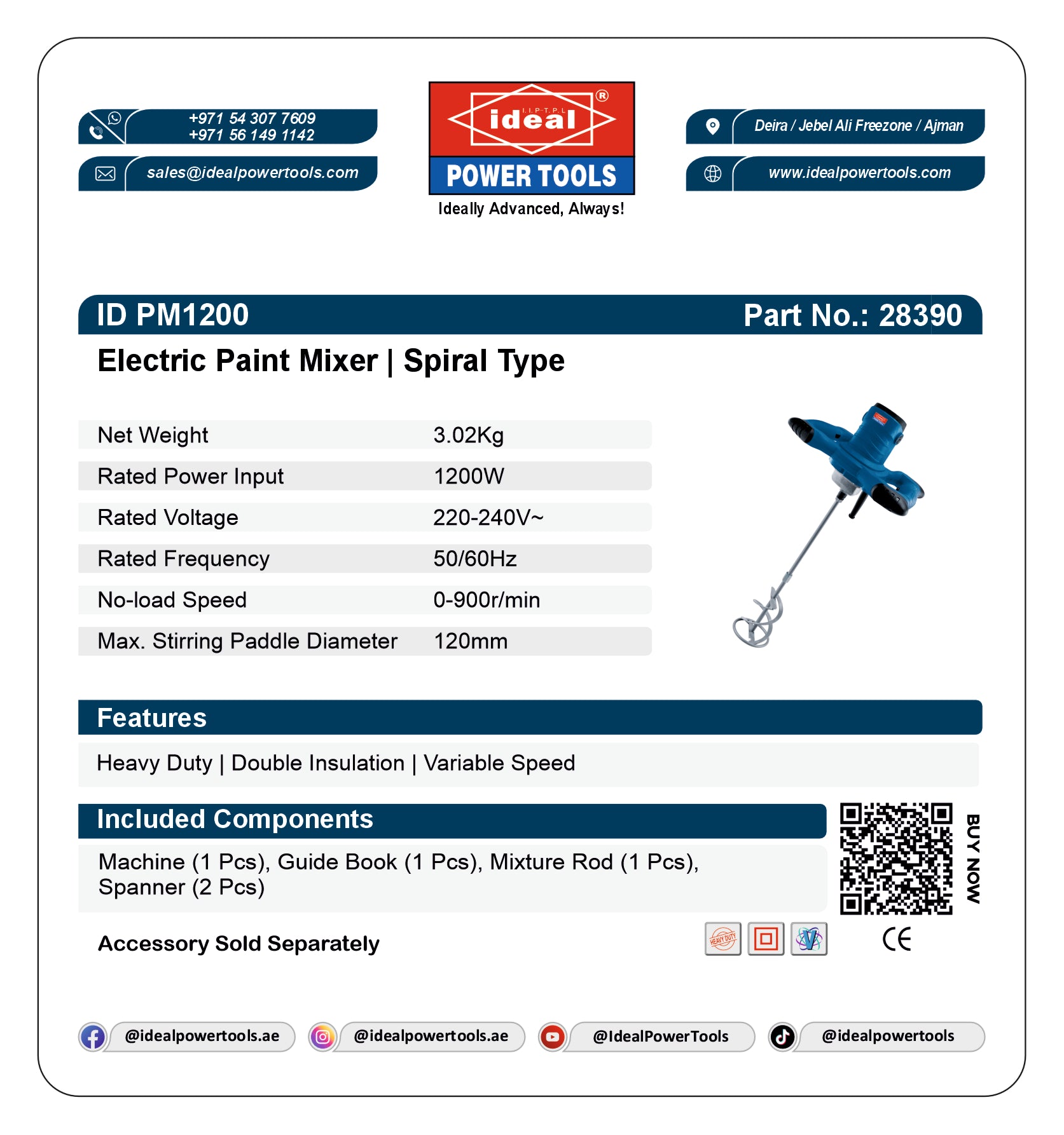Product card for Electric Paint Mixer ID PM1200 with specifications and branding details.