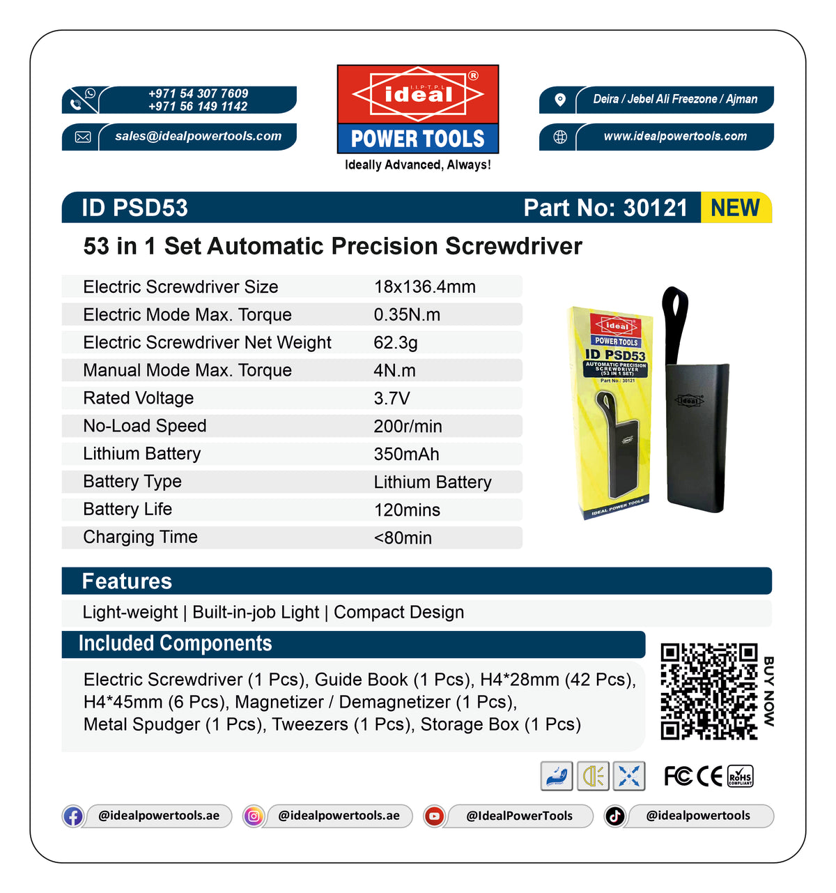 Product label for a 53-in-1 set automatic precision screwdriver with specifications and branding details.
