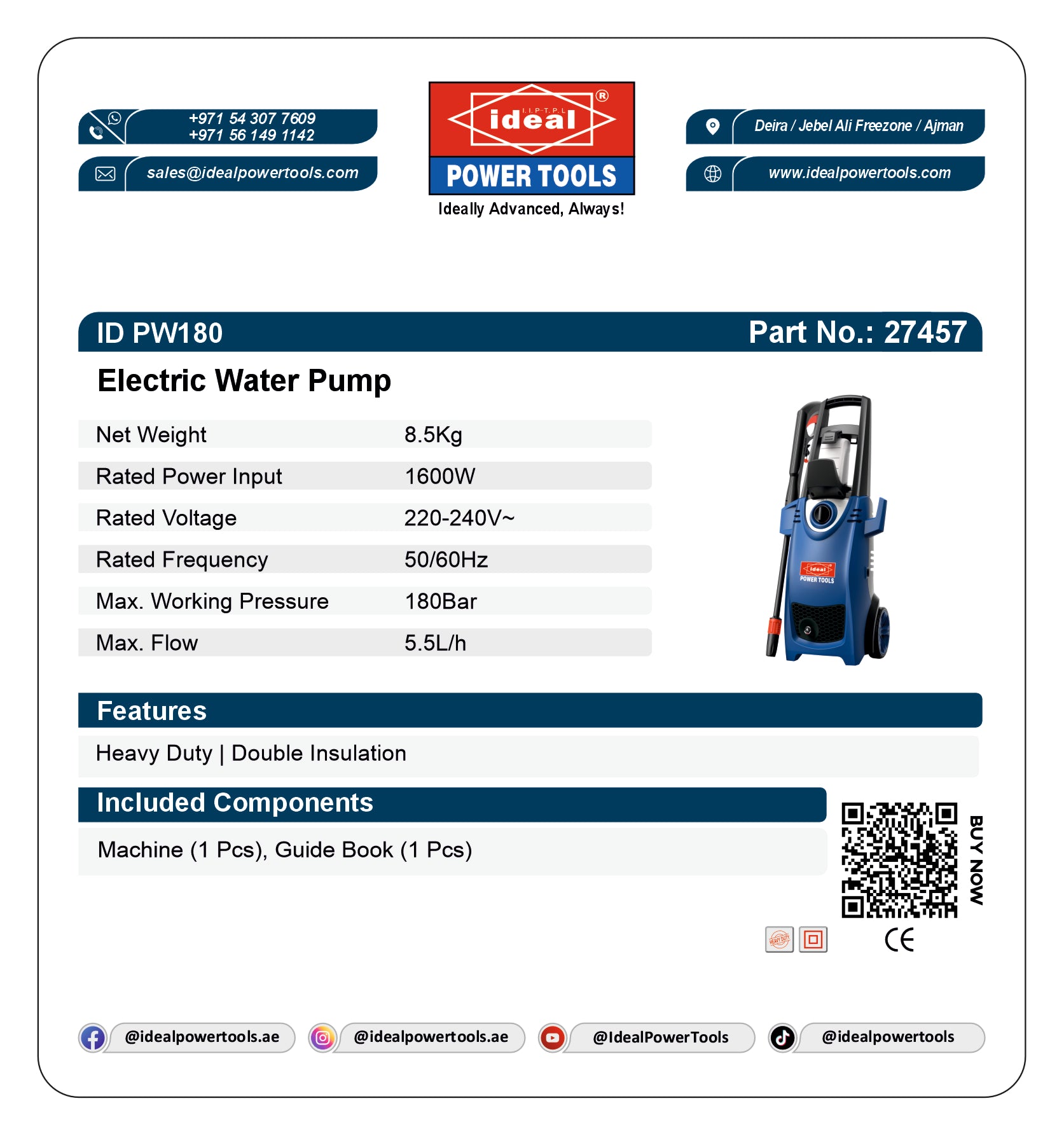 Product card for Ideal Electric Water Pump with specifications and branding details.