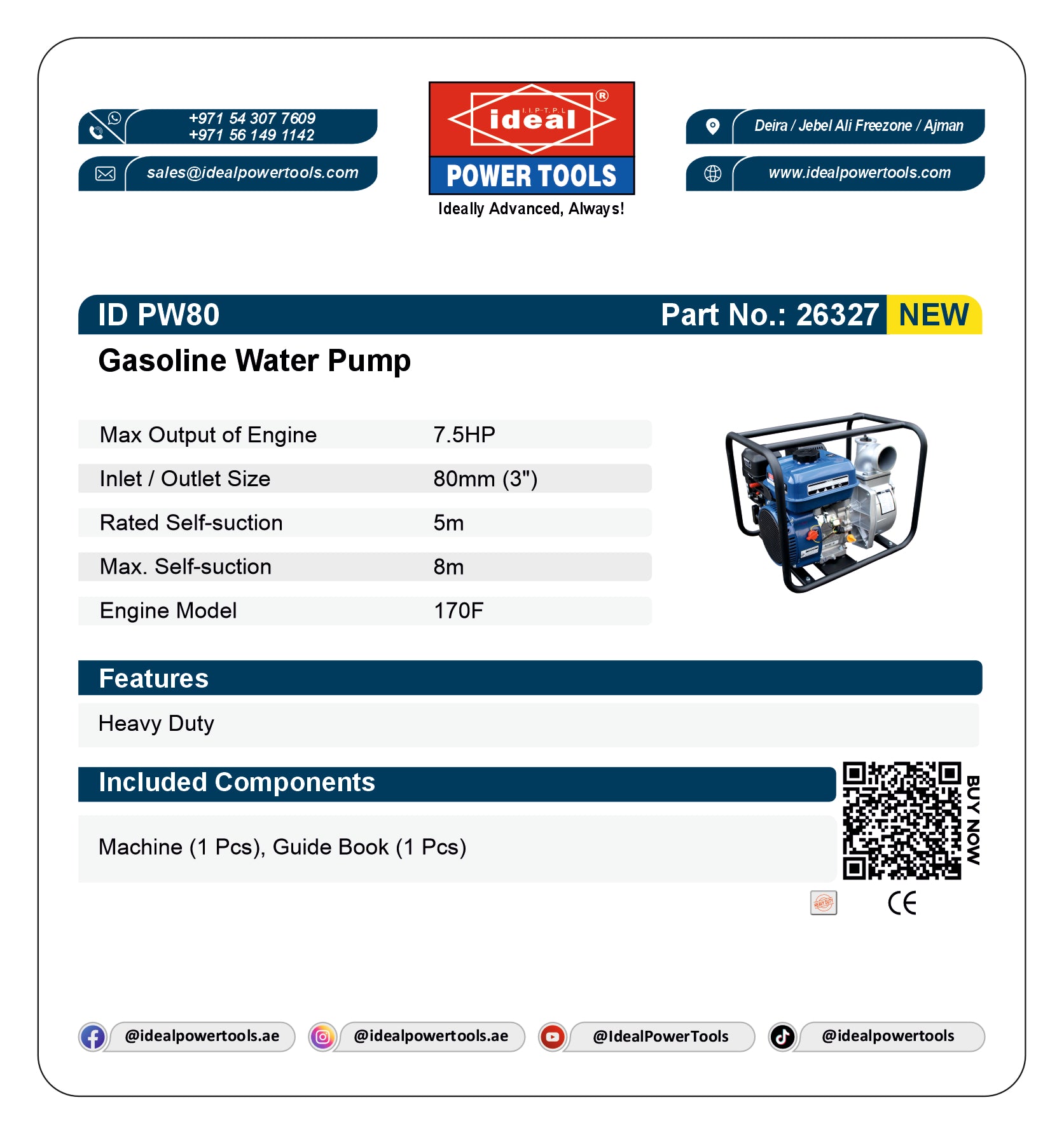Product label for Ideal Power Tools gasoline water pump ID PW80 with specifications and branding.