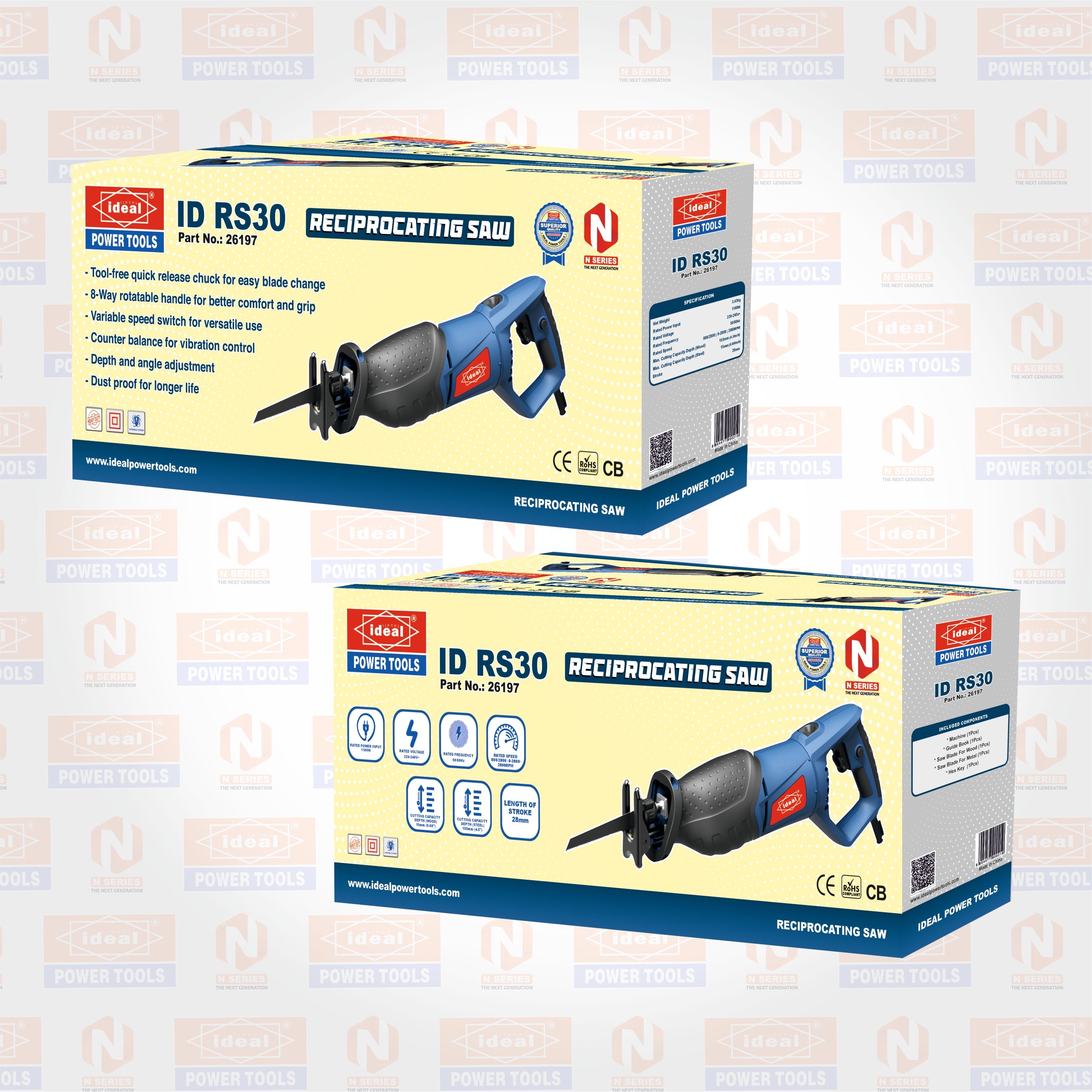 Two boxes of reciprocating saw ID RS30 with branded background