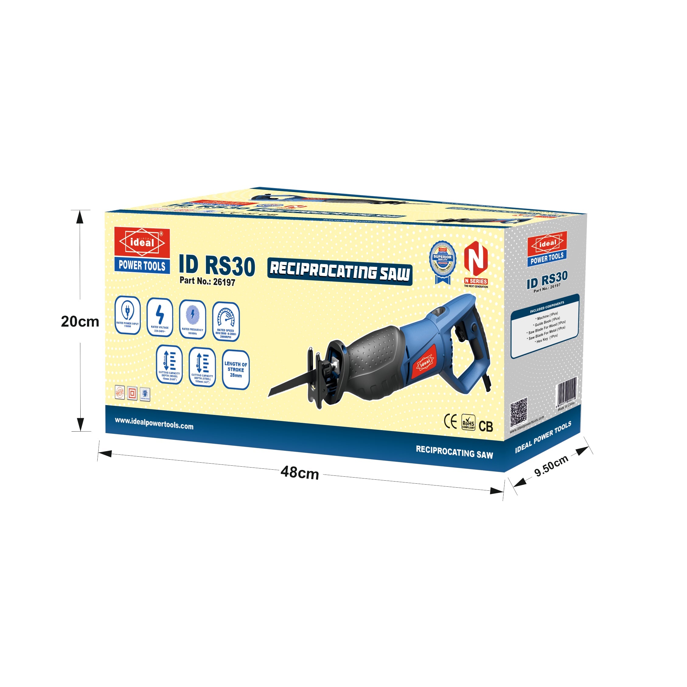 Box of reciprocating saw machine ID RS30 with dimensions indicated