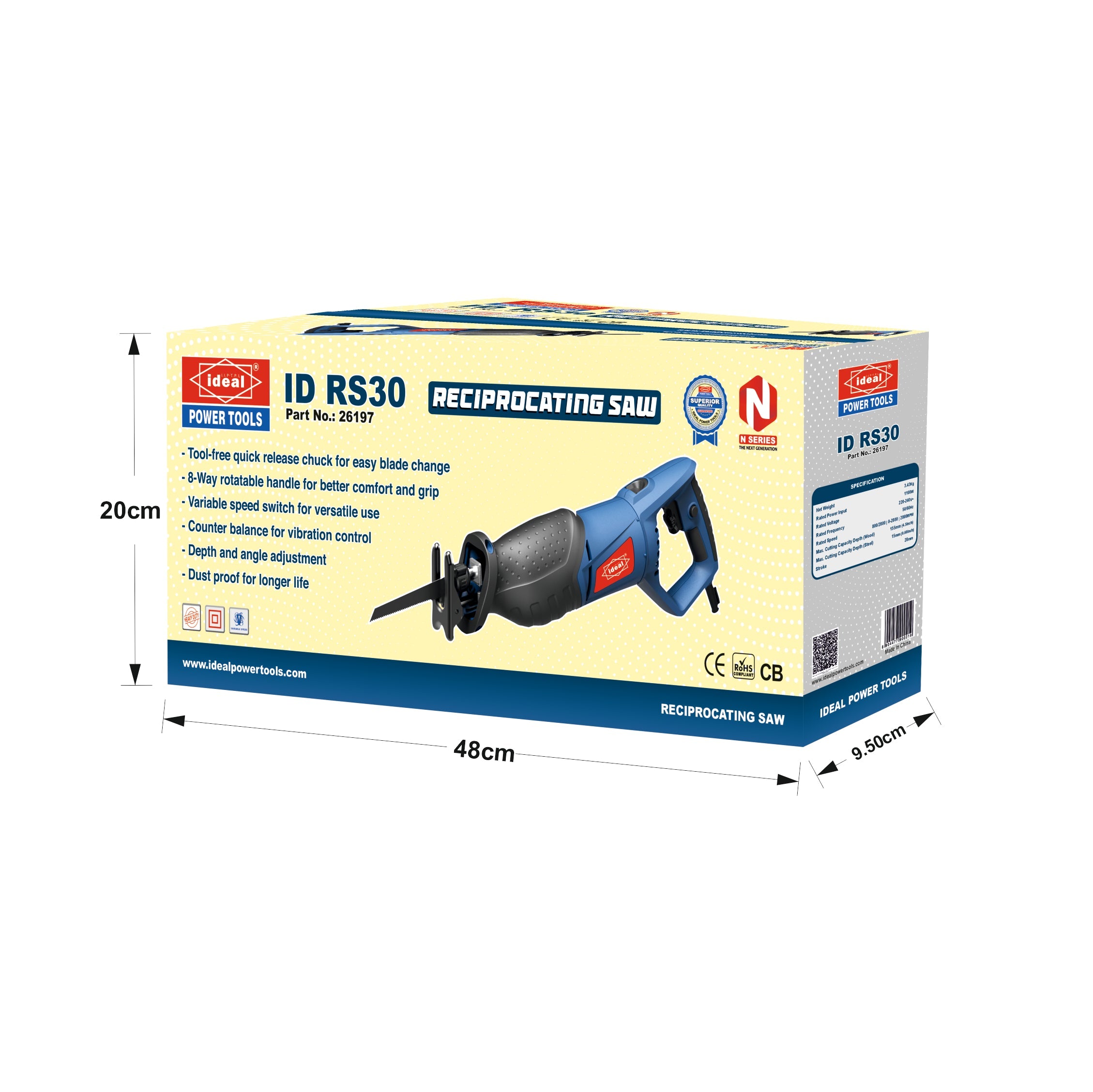 Box of reciprocating saw with dimensions marked on a white background