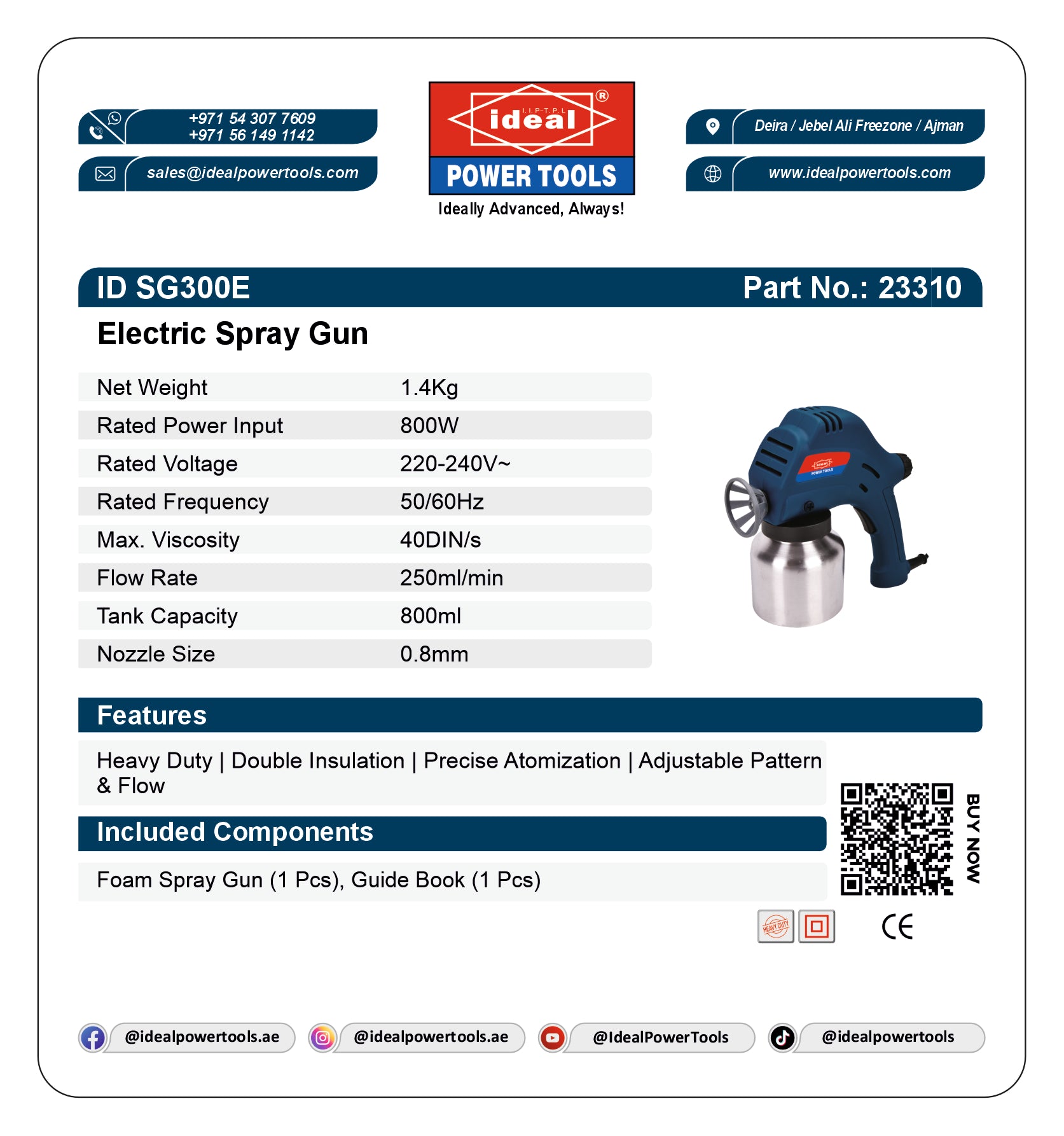 Electric spray gun (ID SG300E) with specifications and branding on a white background