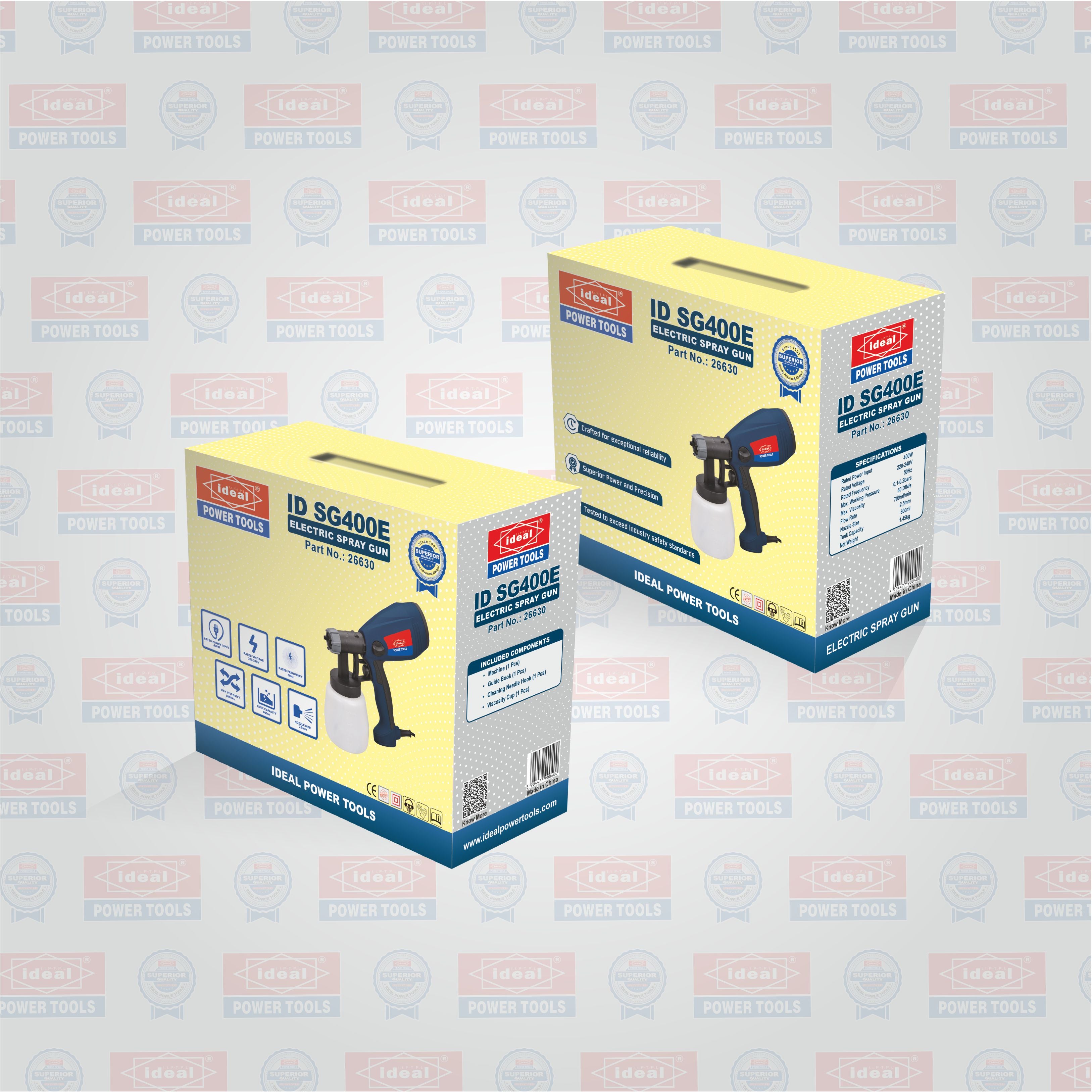 Two boxes of Ideal Power Tools spray gun (ID SG400E) on a branded background