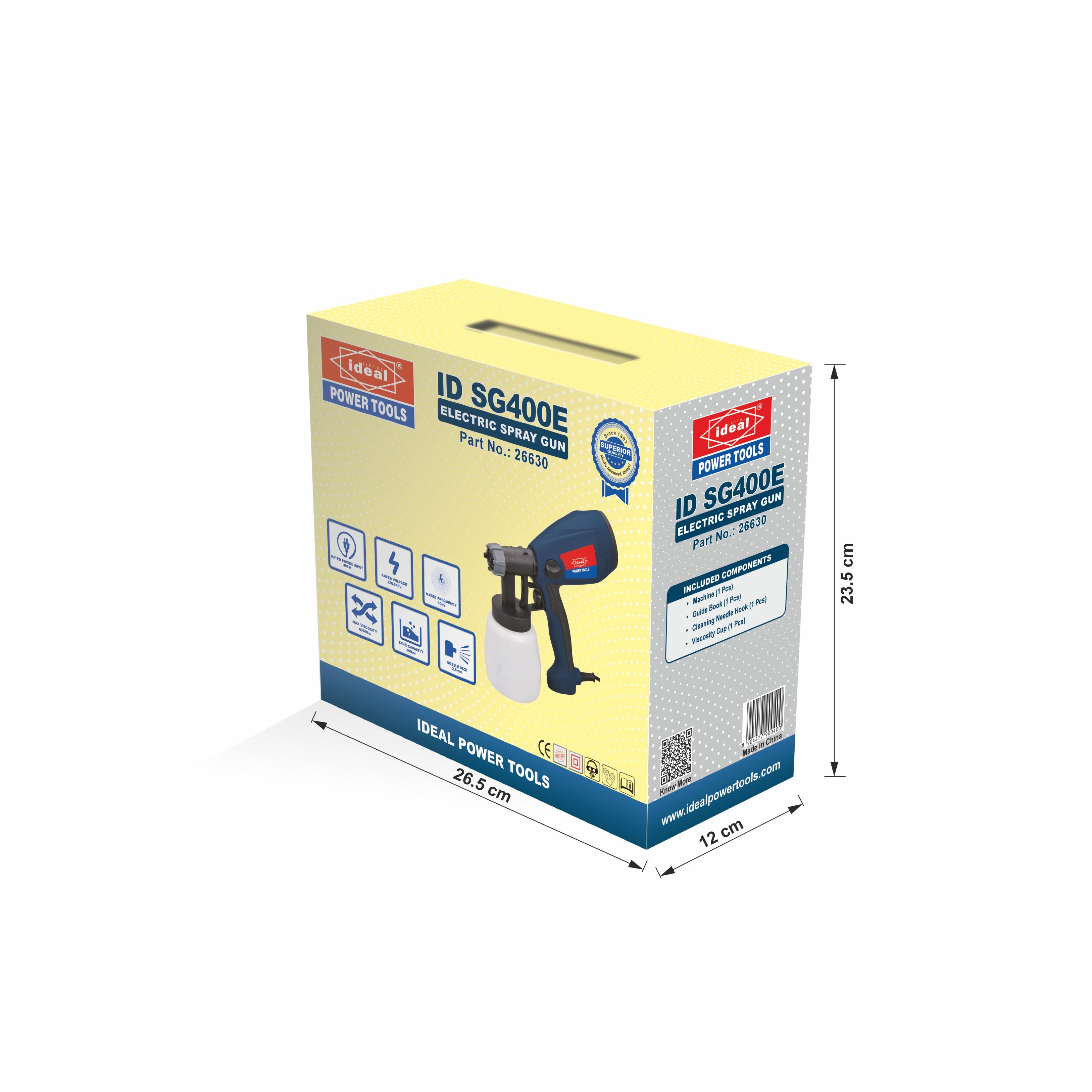 Box packaging of an IDEAL Power Tools electric spray gun (ID SG400E) with dimensions indicated.