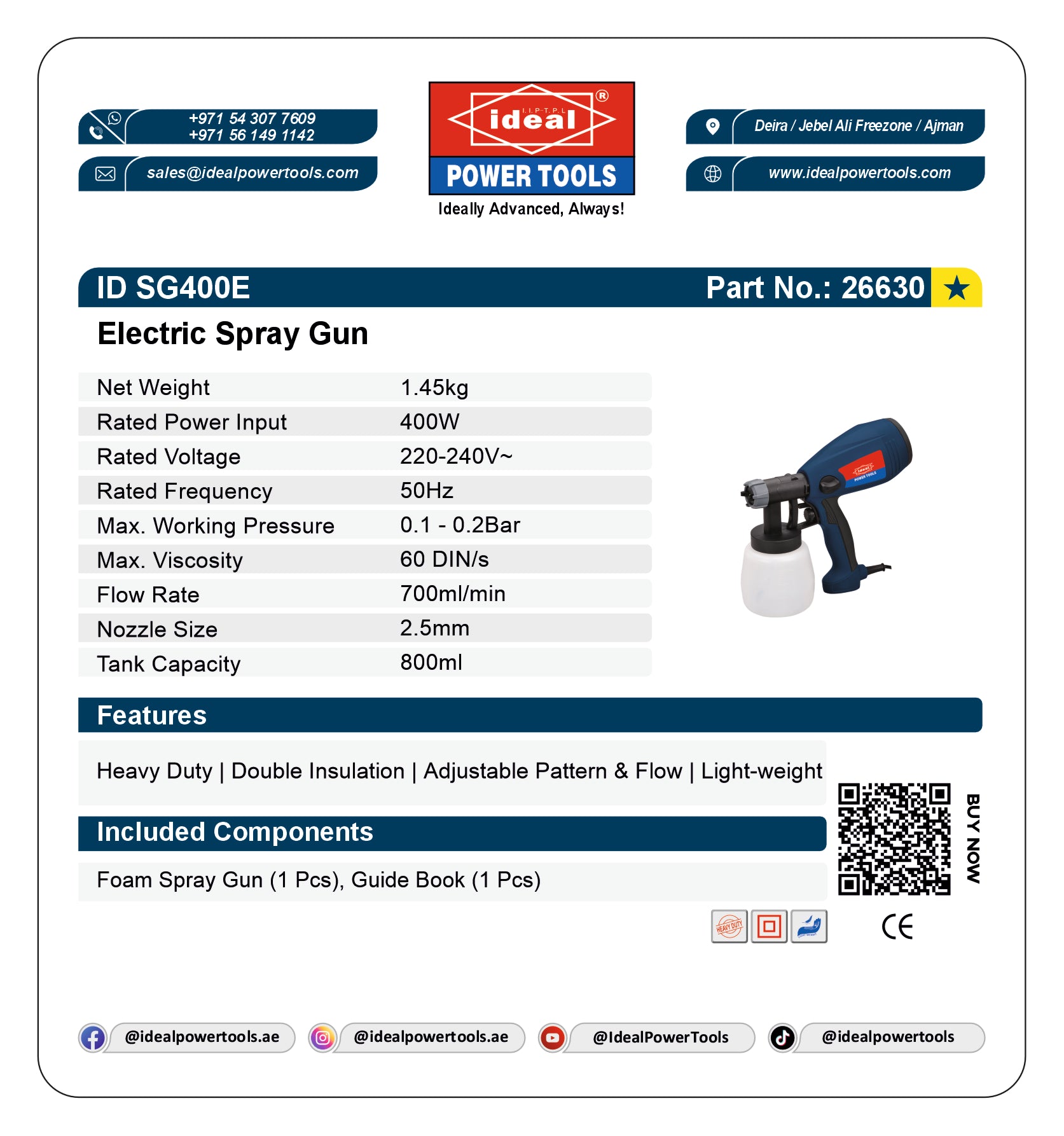 Product card for Electric Spray Gun (ID SG400E) with specifications and branding details.