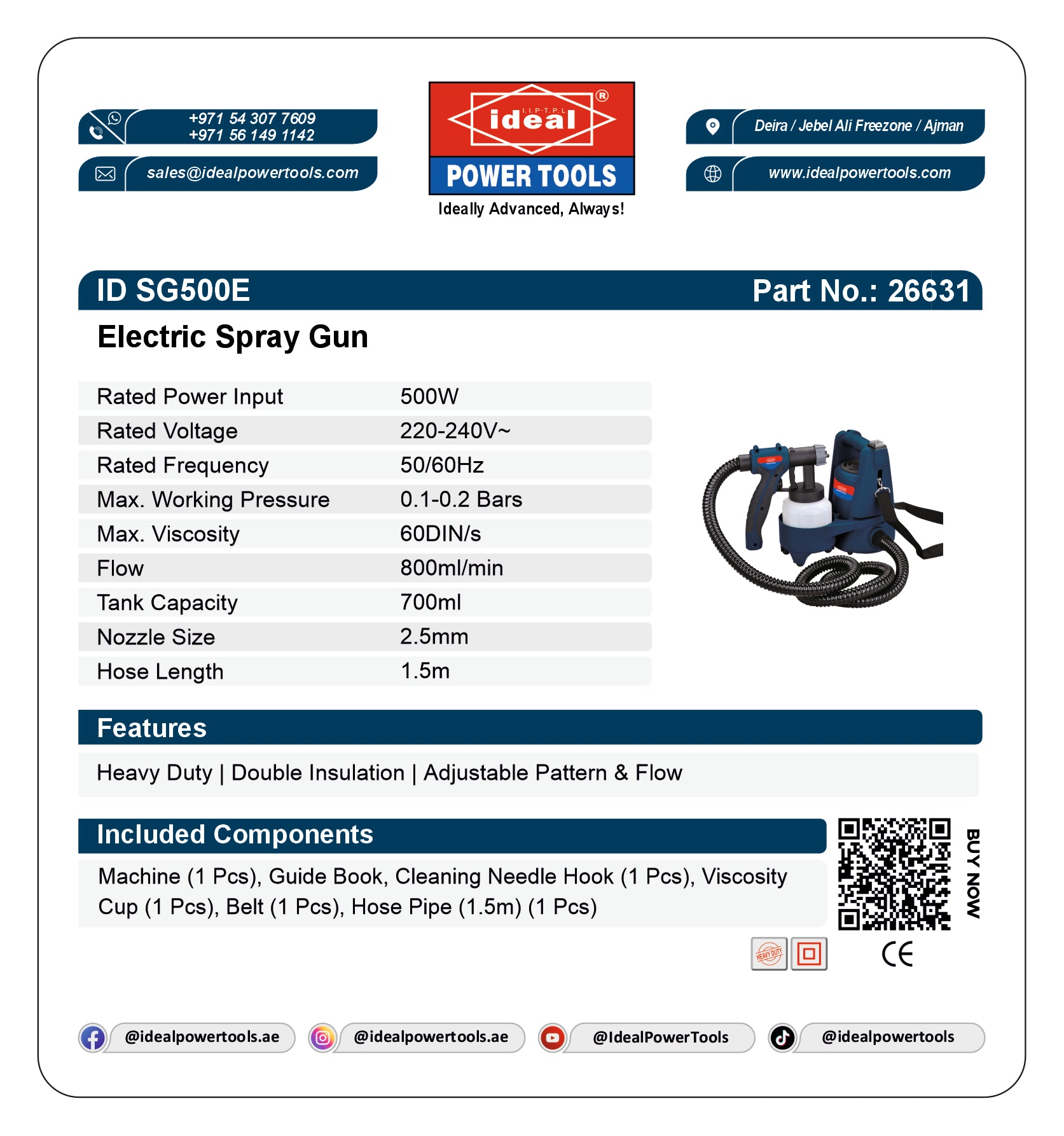 Product card for Ideal Electric Spray Gun ID SG500E with specifications and branding details.