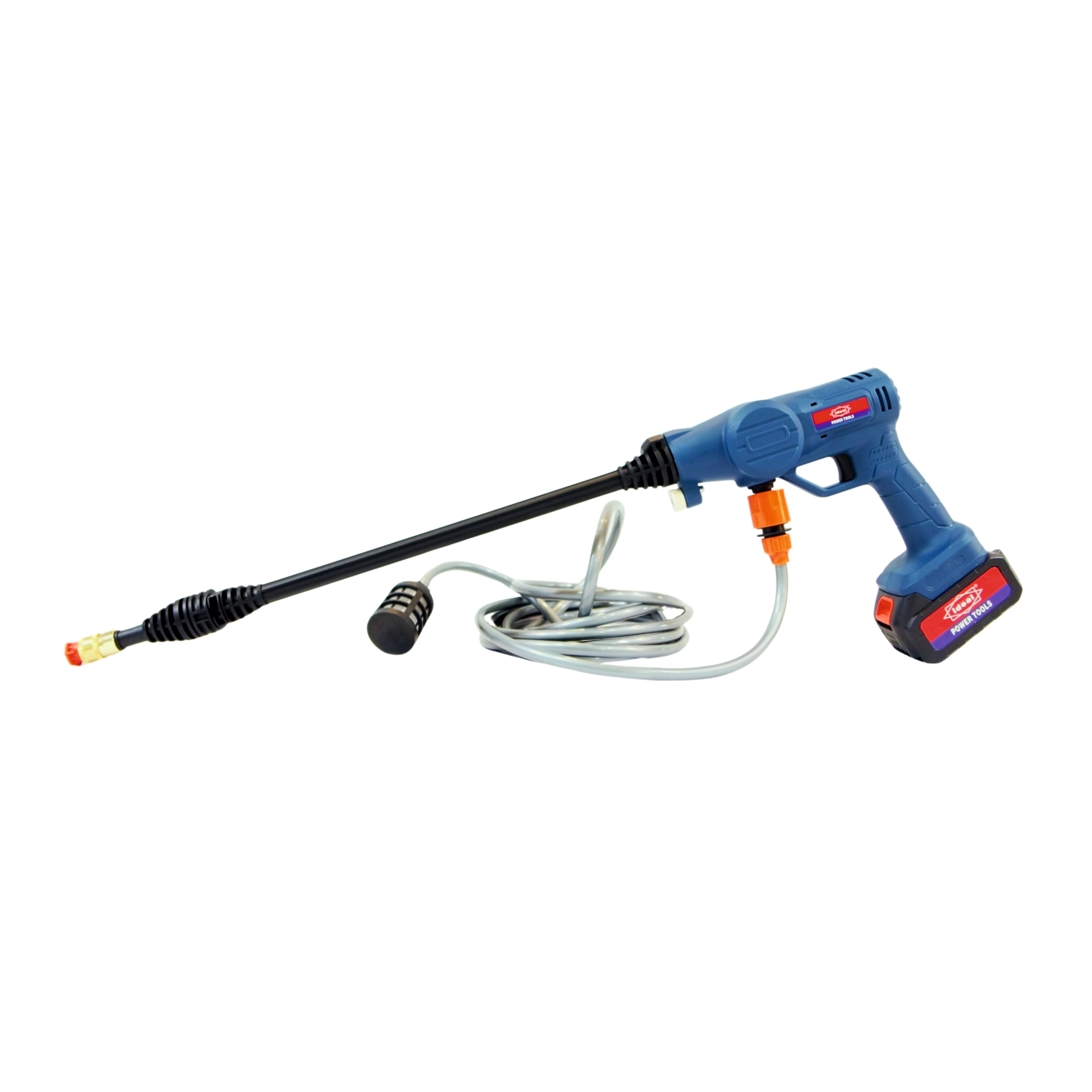 Blue pressure washer ID SR110CL with hose on a white background