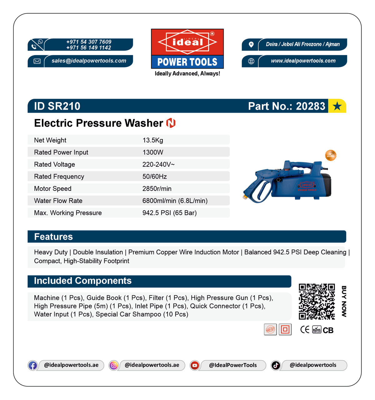 A white product card for the Ideal Power Tools Electric Pressure Washer, showing product specifications, features, included components, and contact details. The card features a blue and red Ideal logo at the top and a photo of the blue electric pressure washer on the right side.