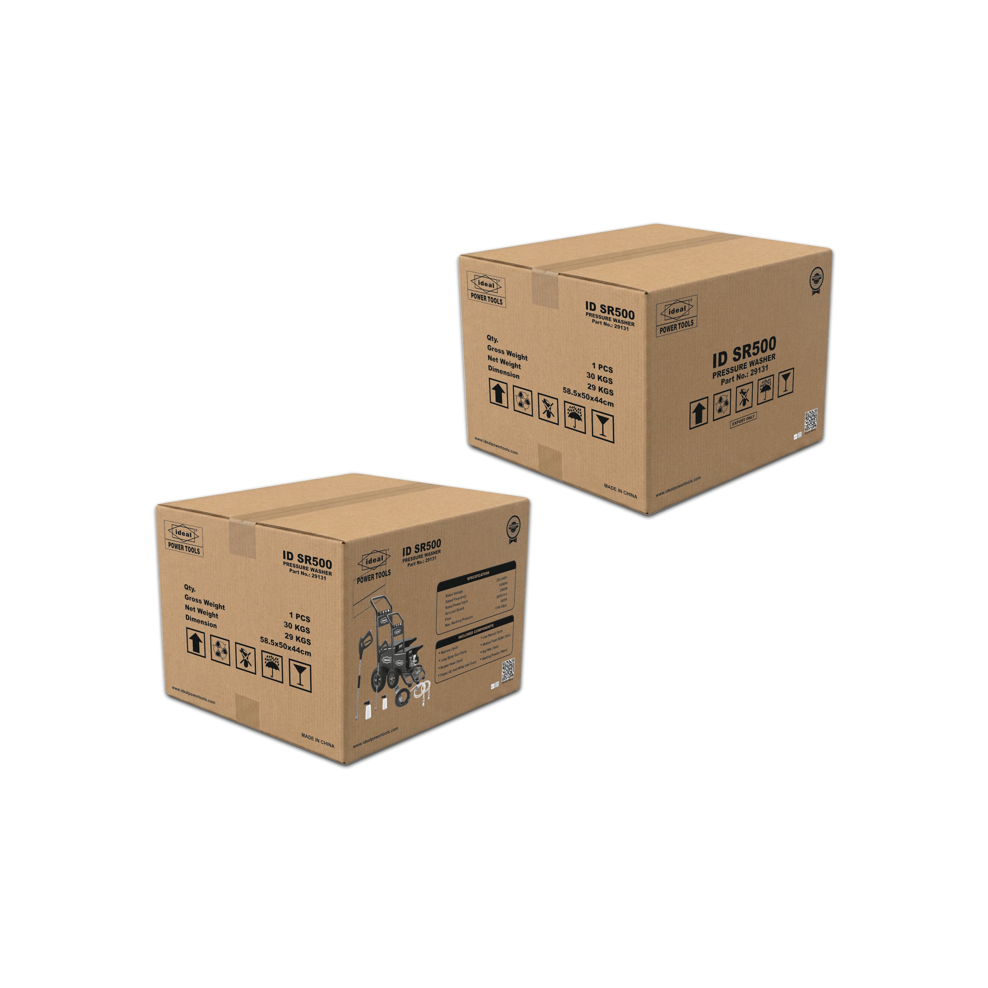 Two brown cardboard shipping boxes with black printed text and handling symbols, shown on a plain white background. The boxes are labeled ID SR500.