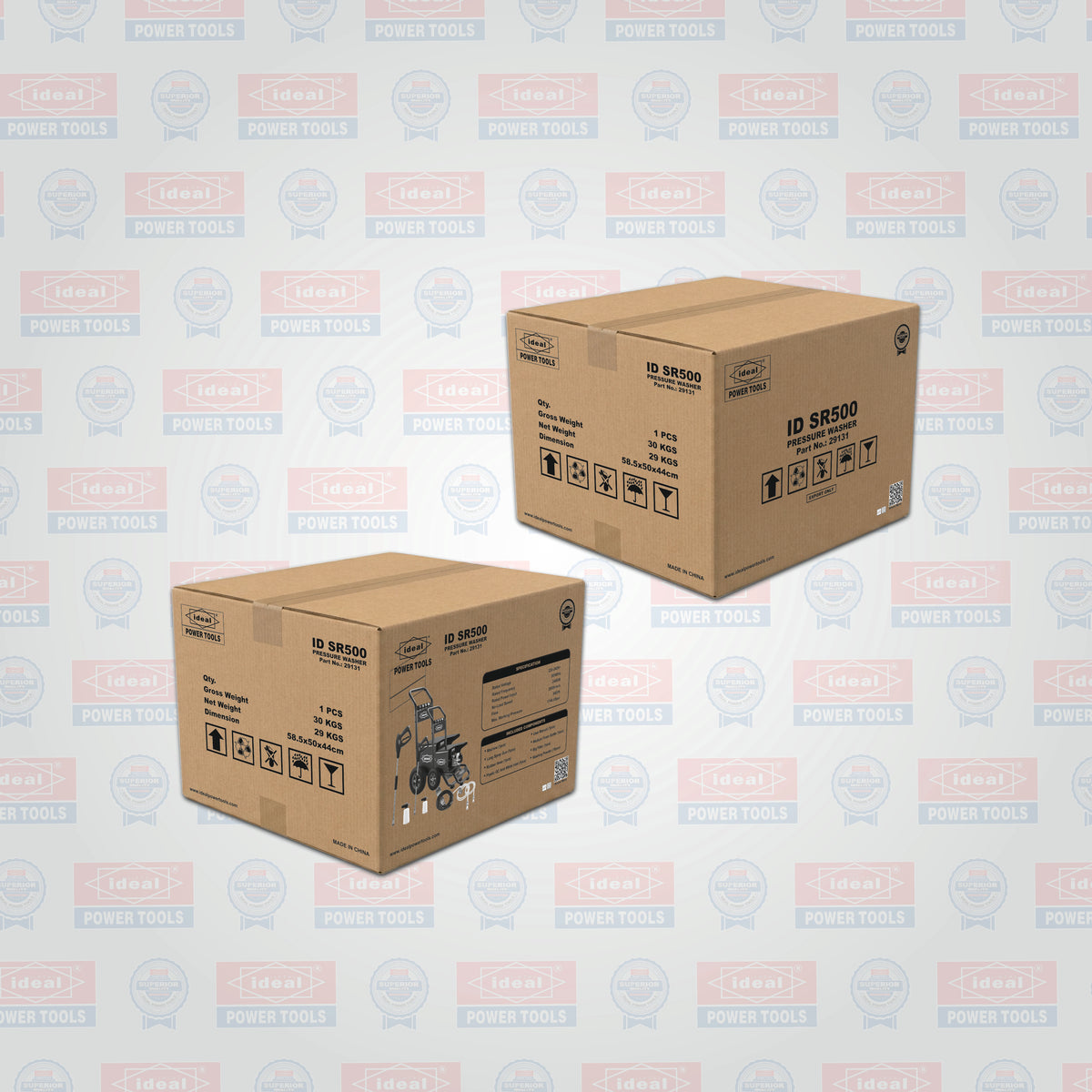 Two brown cardboard boxes for a cordless drill/driver, labeled ID SR500, shown against a light gray background with a repeating Power Tools watermark.