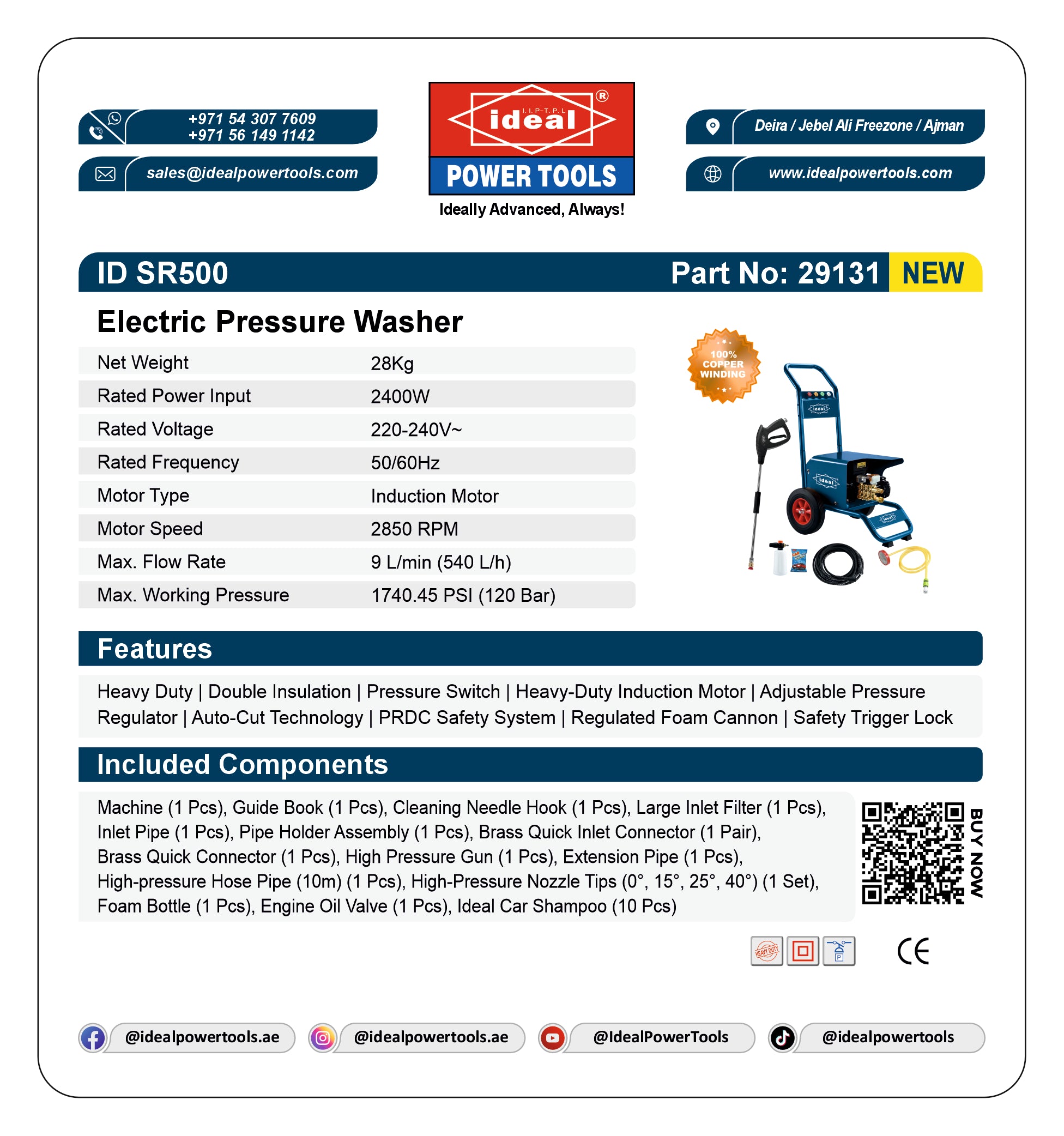 Technical specification and included components sheet for the Ideal SR5000 Electric Pressure Washer, showing product details, specs, features, and a QR code on a white background.