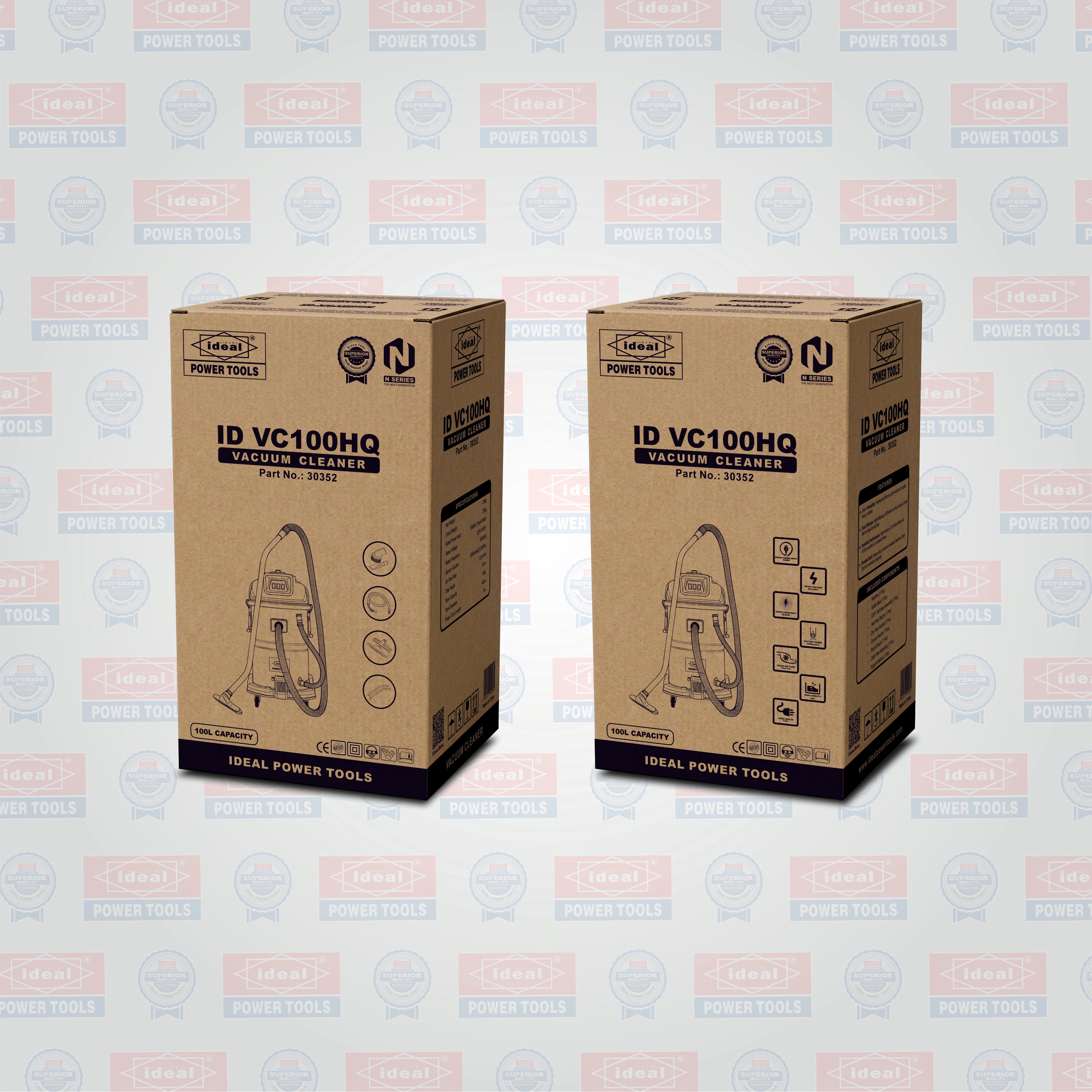Two cardboard boxes of ID VC100HQ vacuum cleaner on a branded background