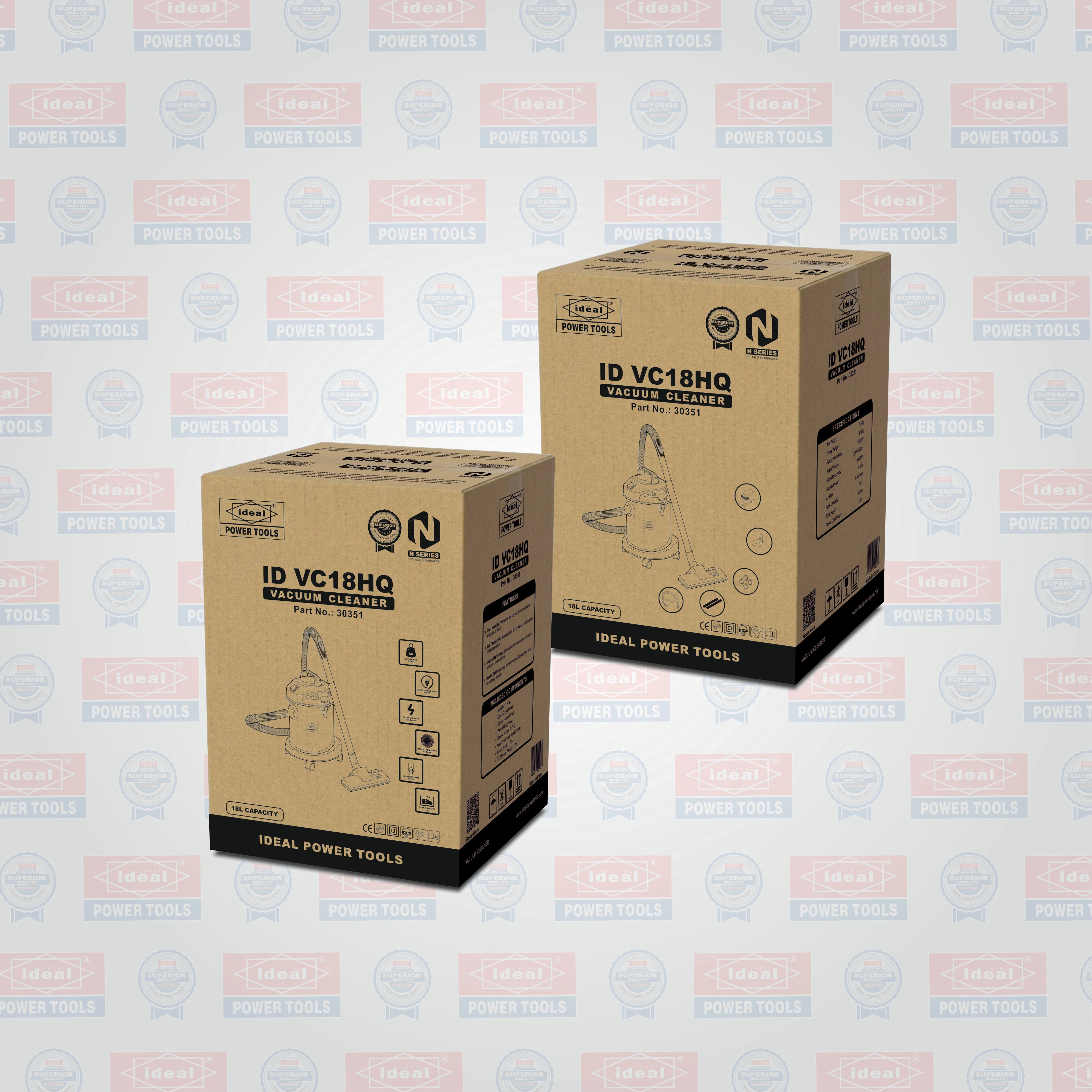 Two cardboard boxes with vacuum cleaner ID VC18HQ illustrations on a branded background