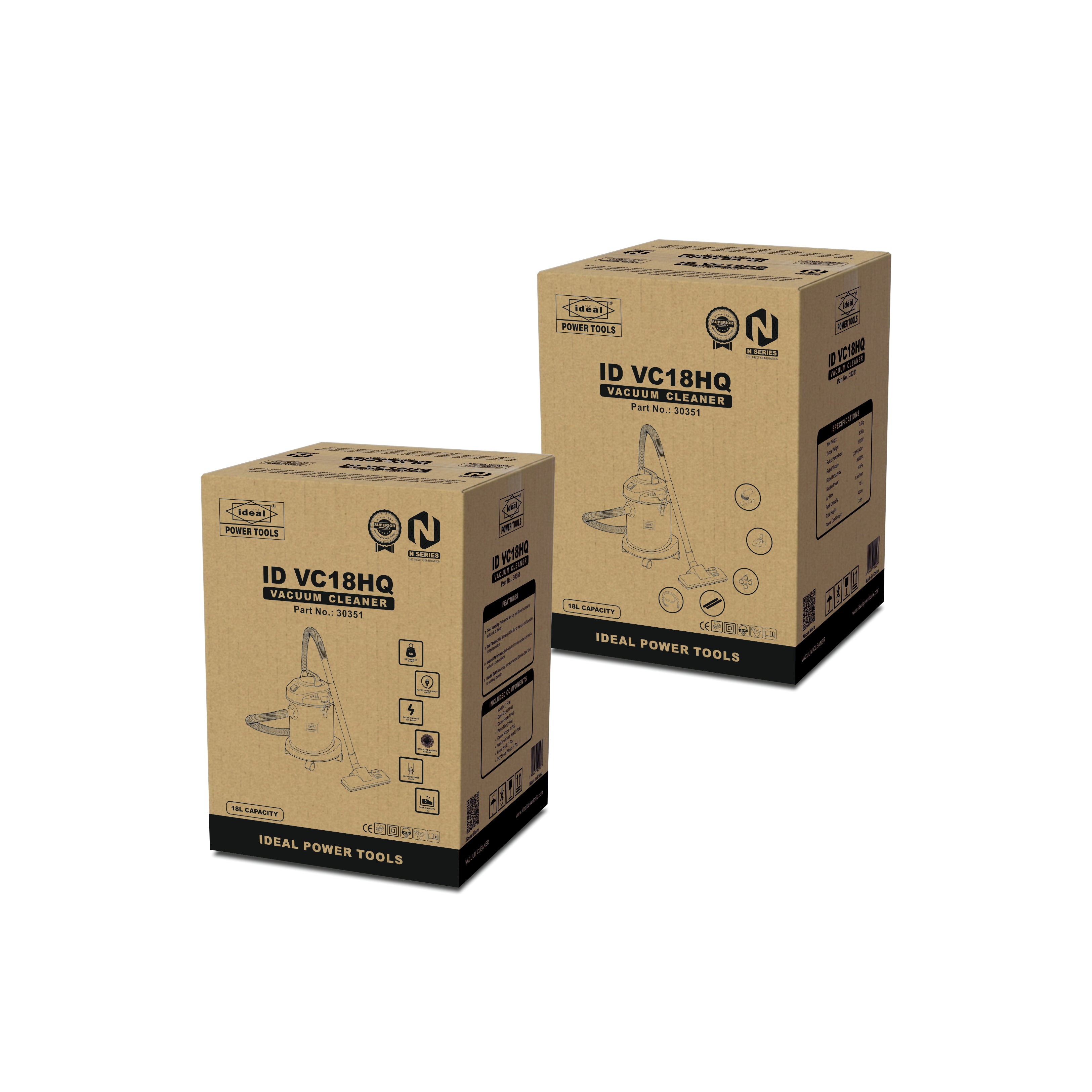 Two cardboard boxes of IDEAL POWER TOOLS vacuum cleaner ID VC18HQ on a white background