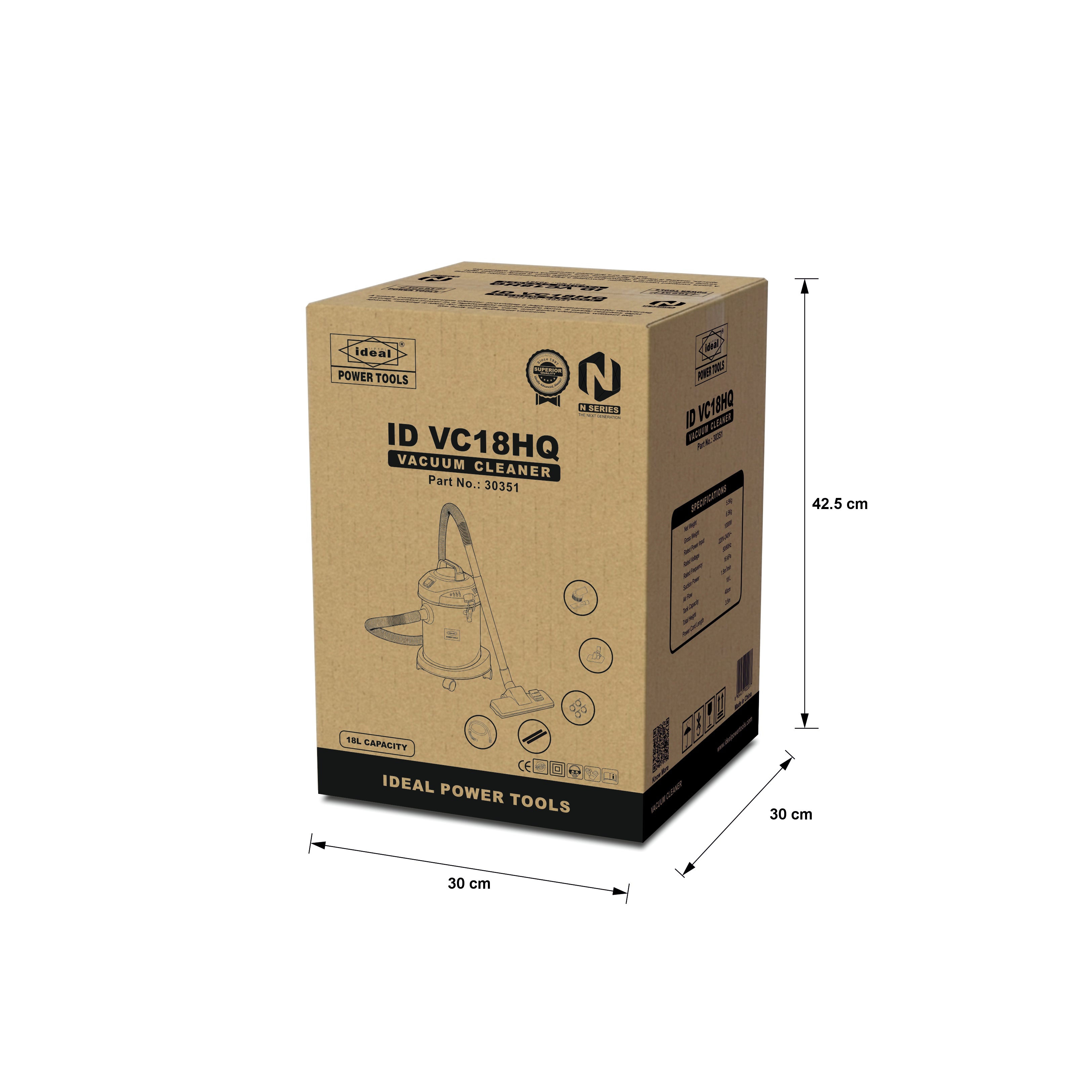Cardboard box packaging of an IDEAL POWER TOOLS vacuum cleaner ID VC18HQ with dimensions indicated.