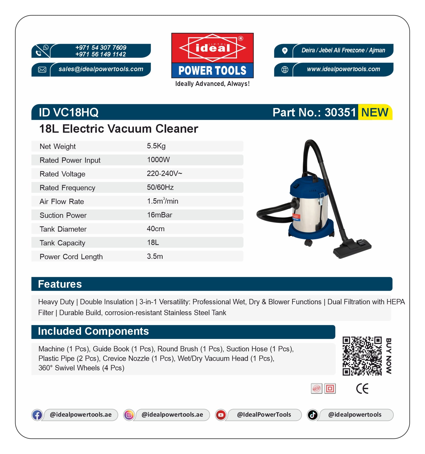 18L Electric Vacuum Cleaner with specifications and branding details on a white background