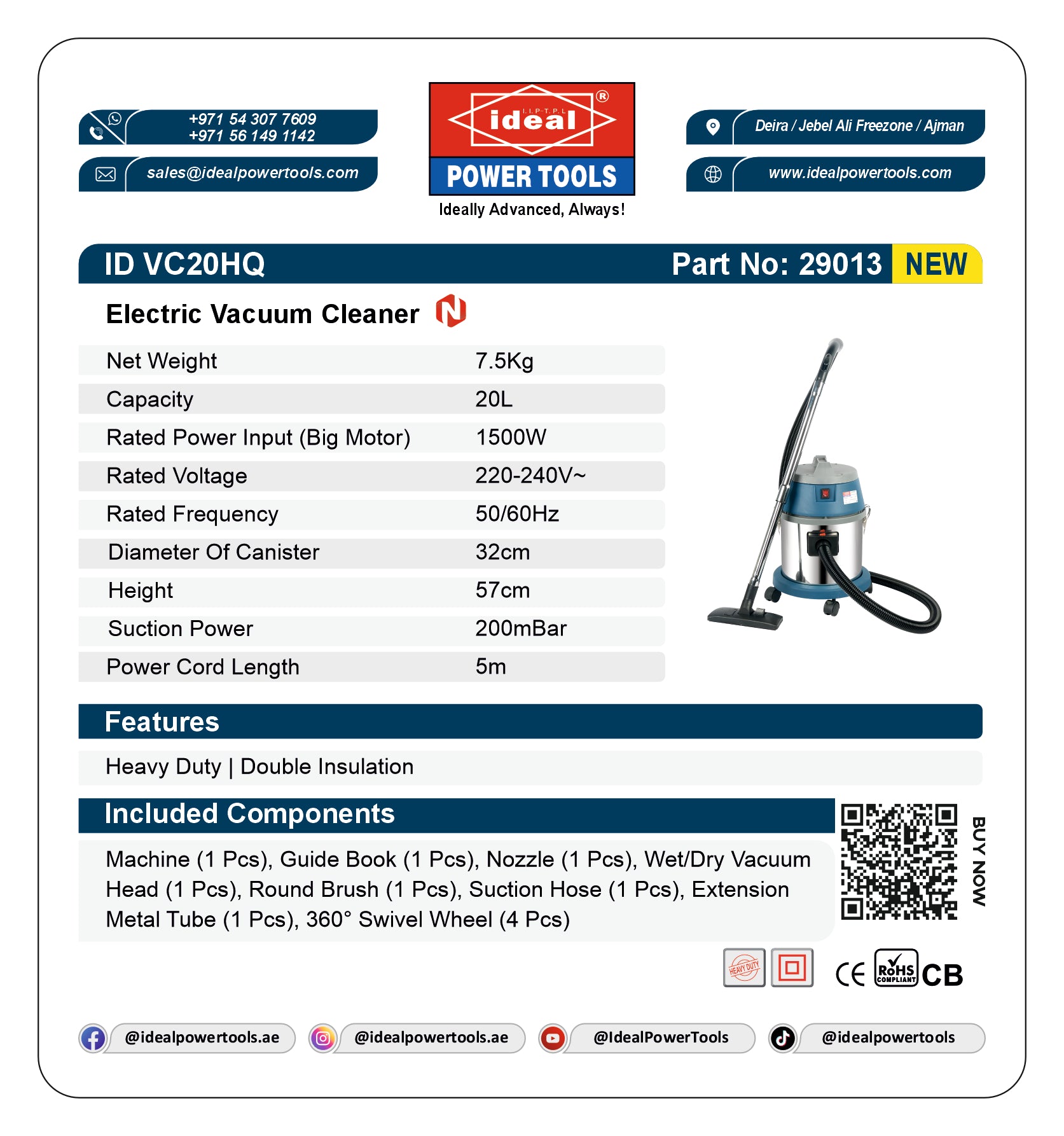 Product label for an electric vacuum cleaner ID VC20HQ with specifications and branding details.