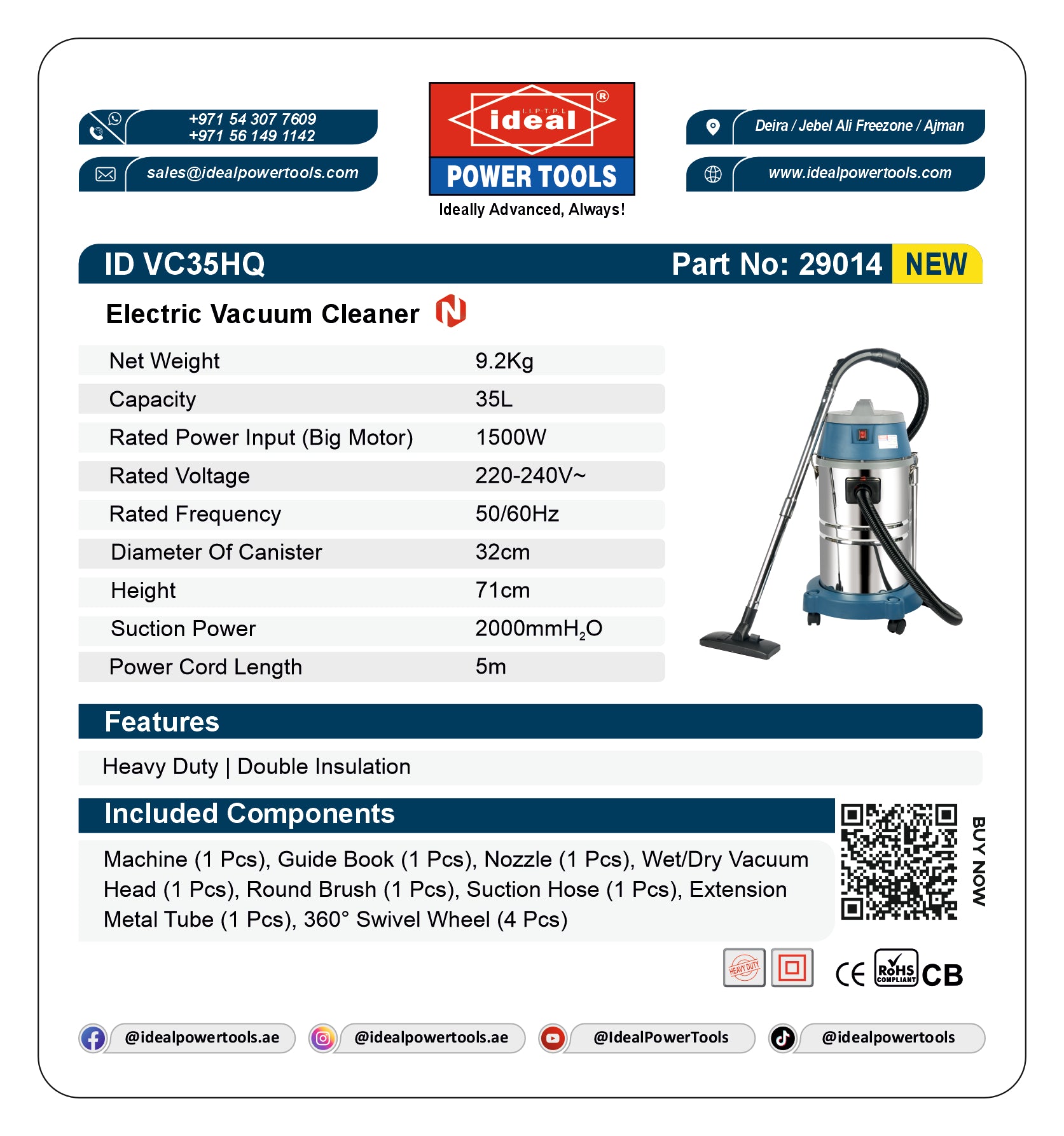 Product label for an electric vacuum cleaner ID VC35HQ with specifications and branding details.