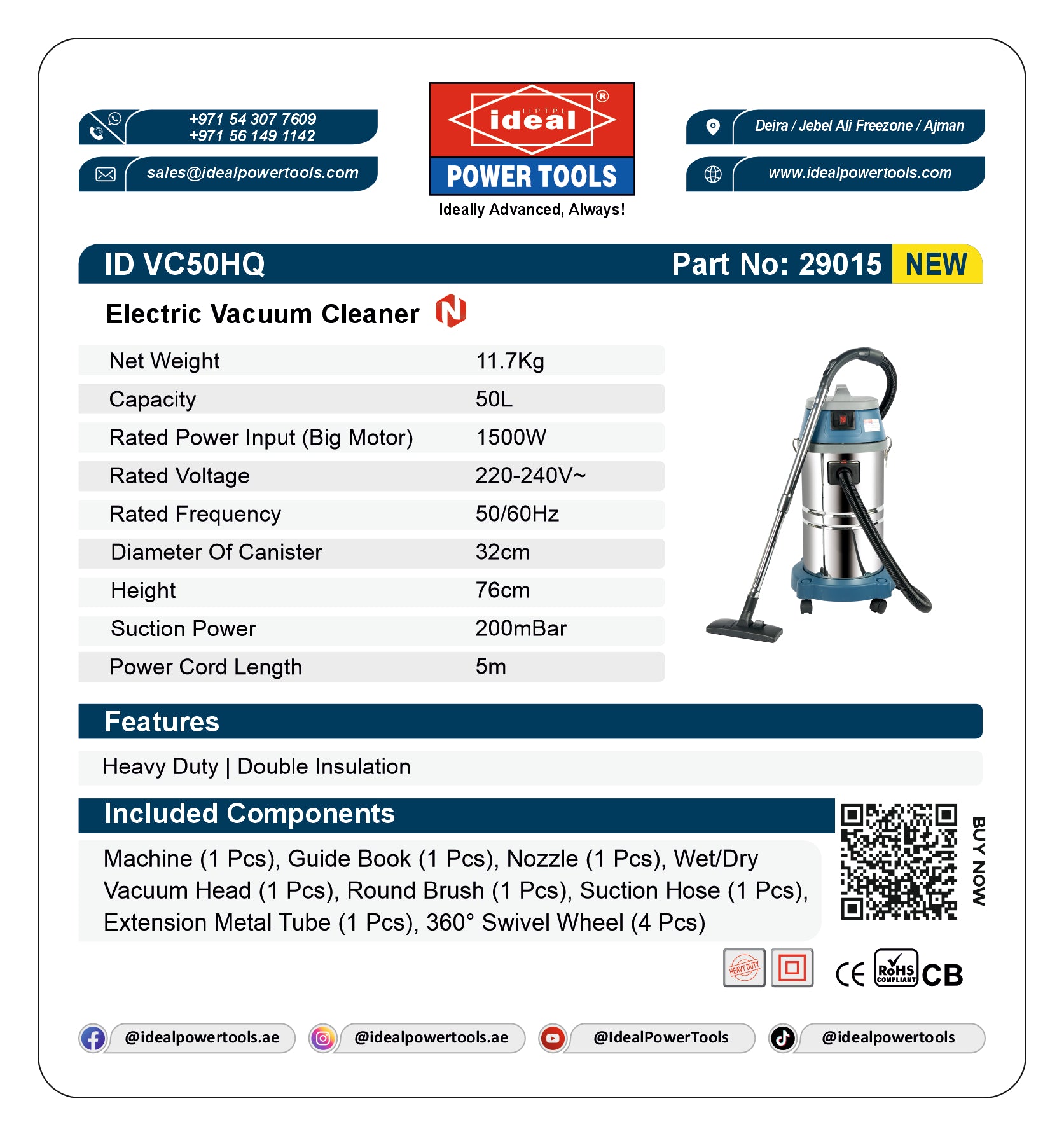 Product label for an electric vacuum cleaner ID VC50HQ with specifications and branding details.