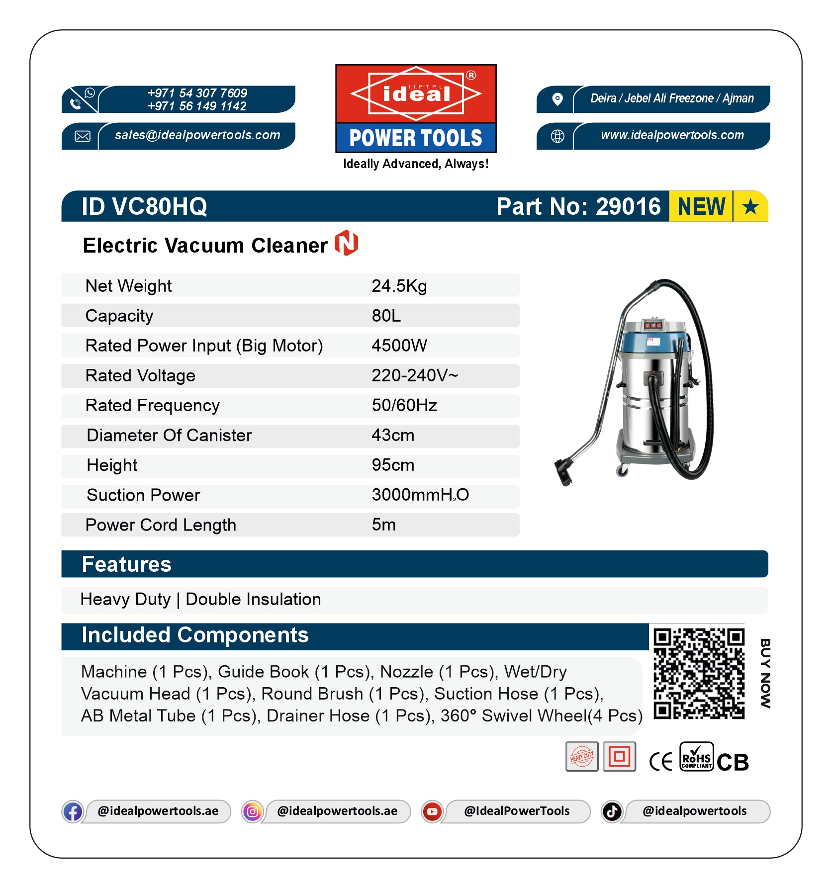 Product label for Electric Vacuum Cleaner ID VC80HQ with specifications and branding details.