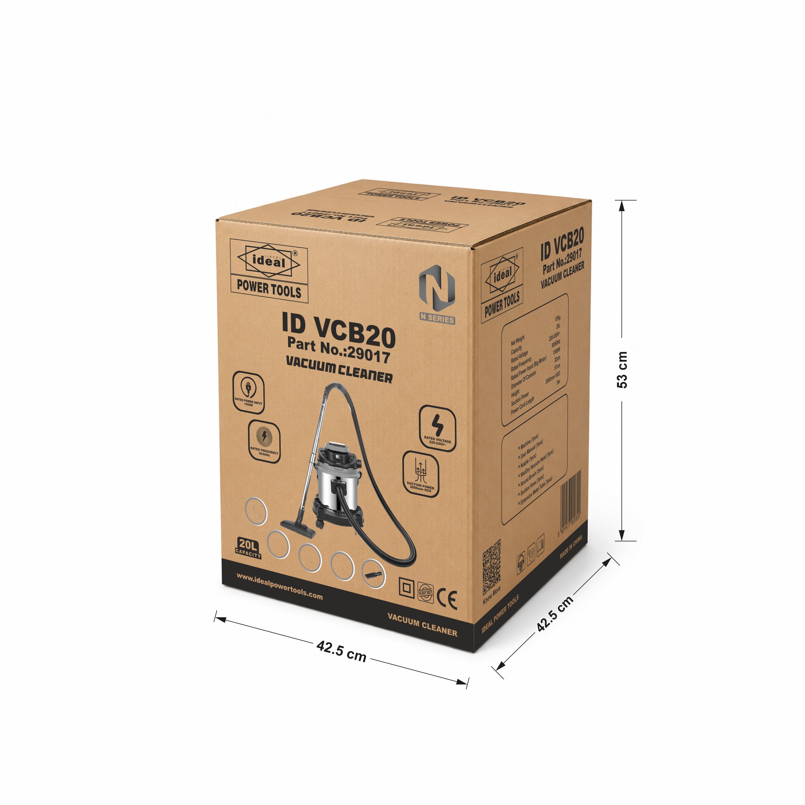 Cardboard box packaging of an IDEAL Power Tools vacuum cleaner with dimensions indicated.