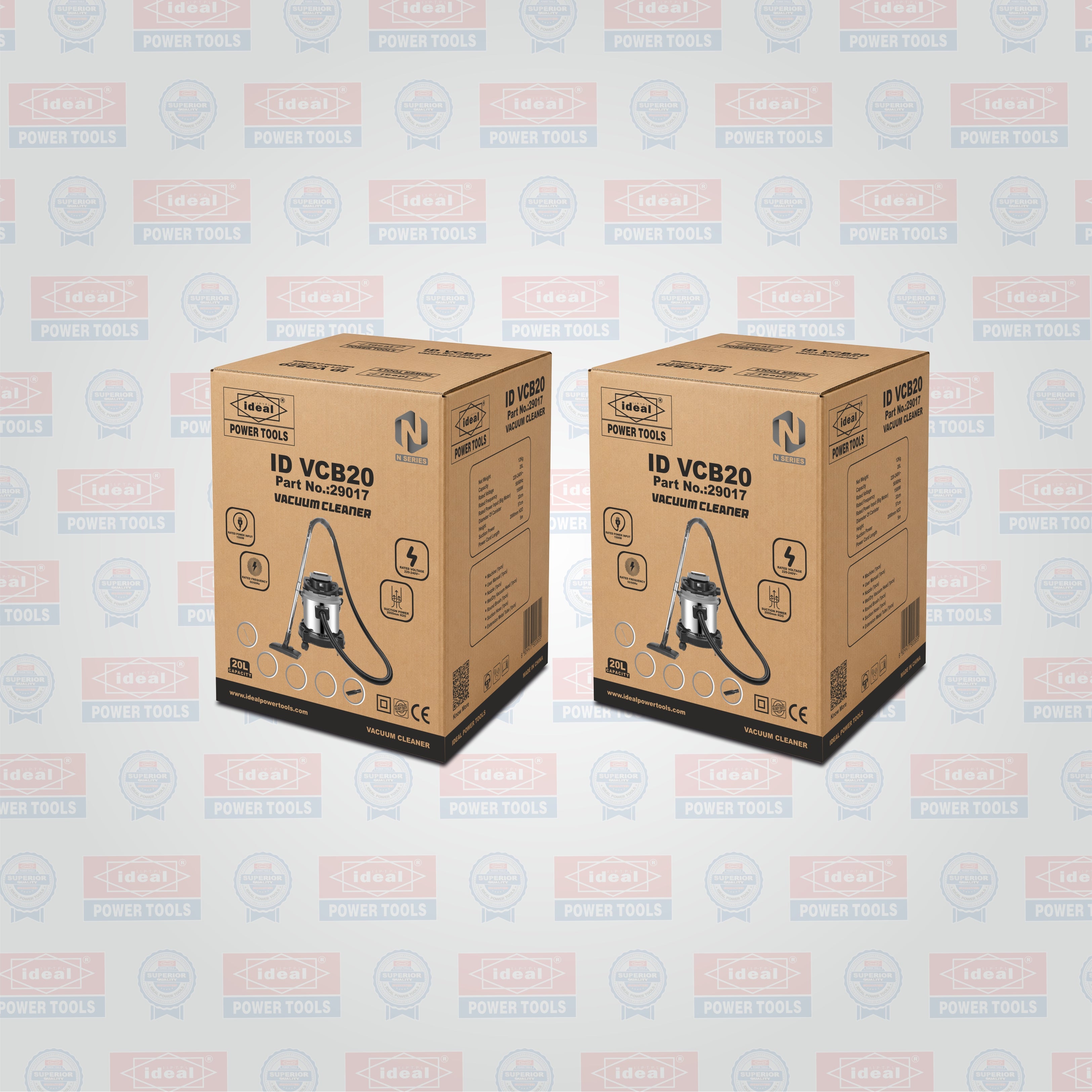 Two cardboard box packaging of an IDEAL Power Tools vacuum cleaner ID VCB20 on a branded background