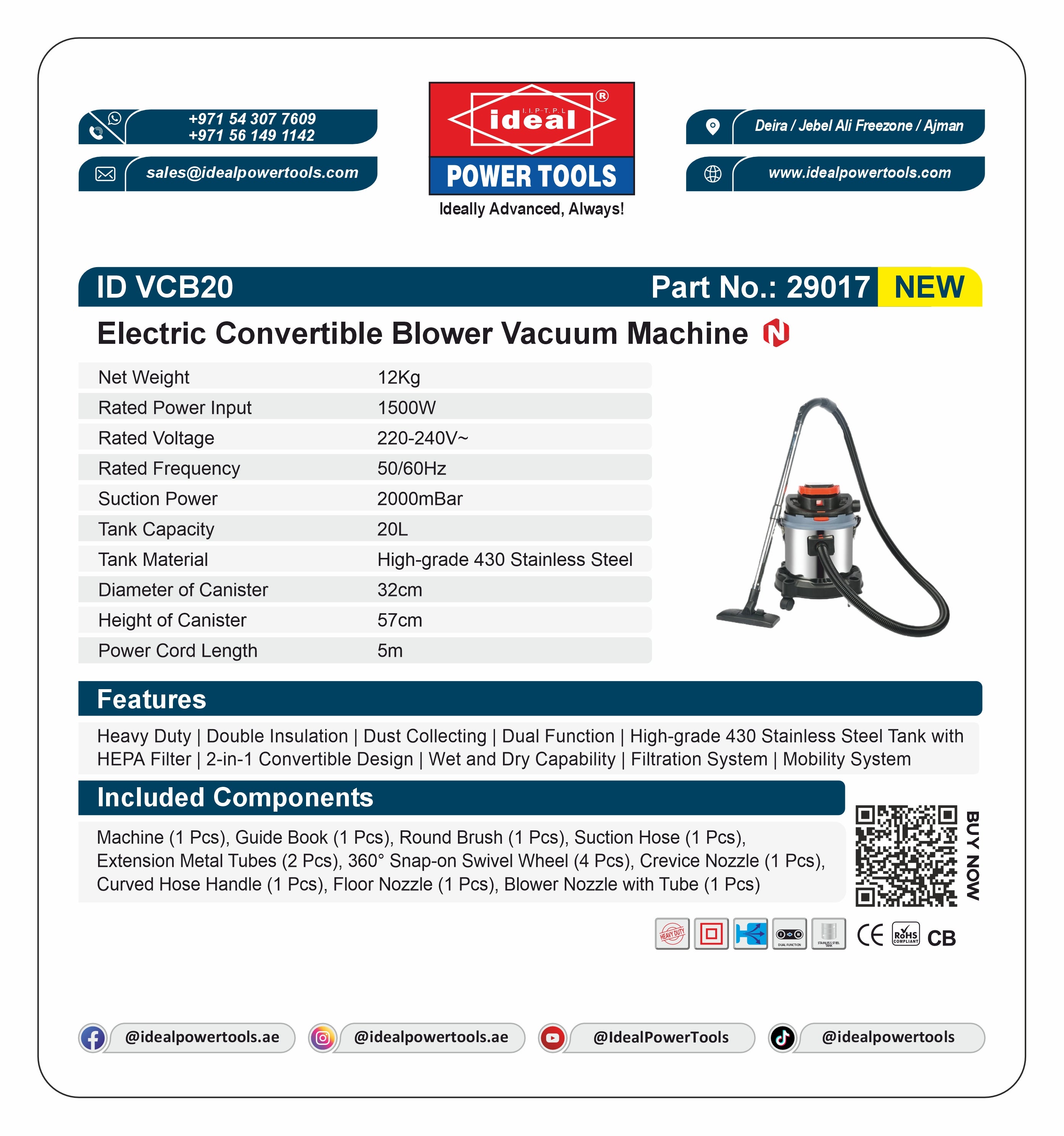 Product card for Electric Convertible Blower Vacuum Machine ID VCB20 with specifications and branding details.