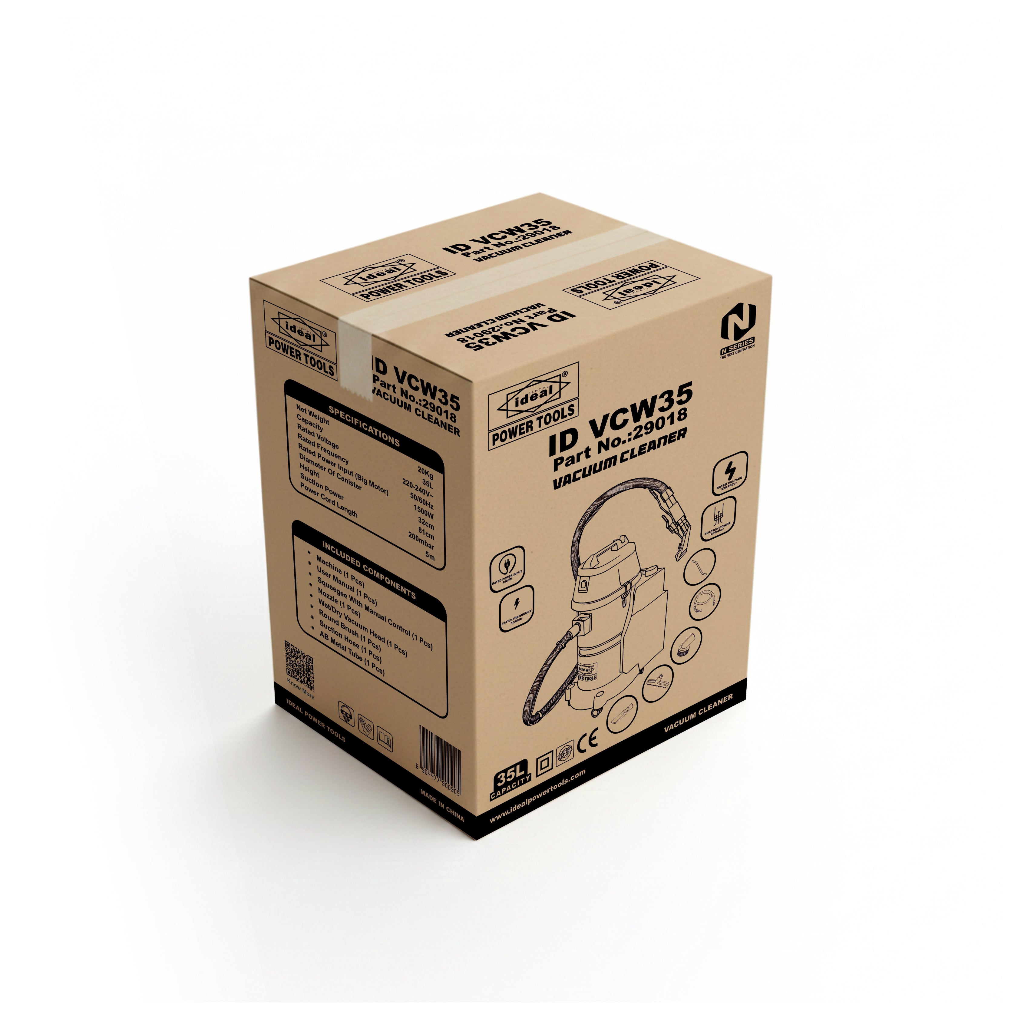 Cardboard box with ID VCW35 vacuum cleaner illustration and text on a white background