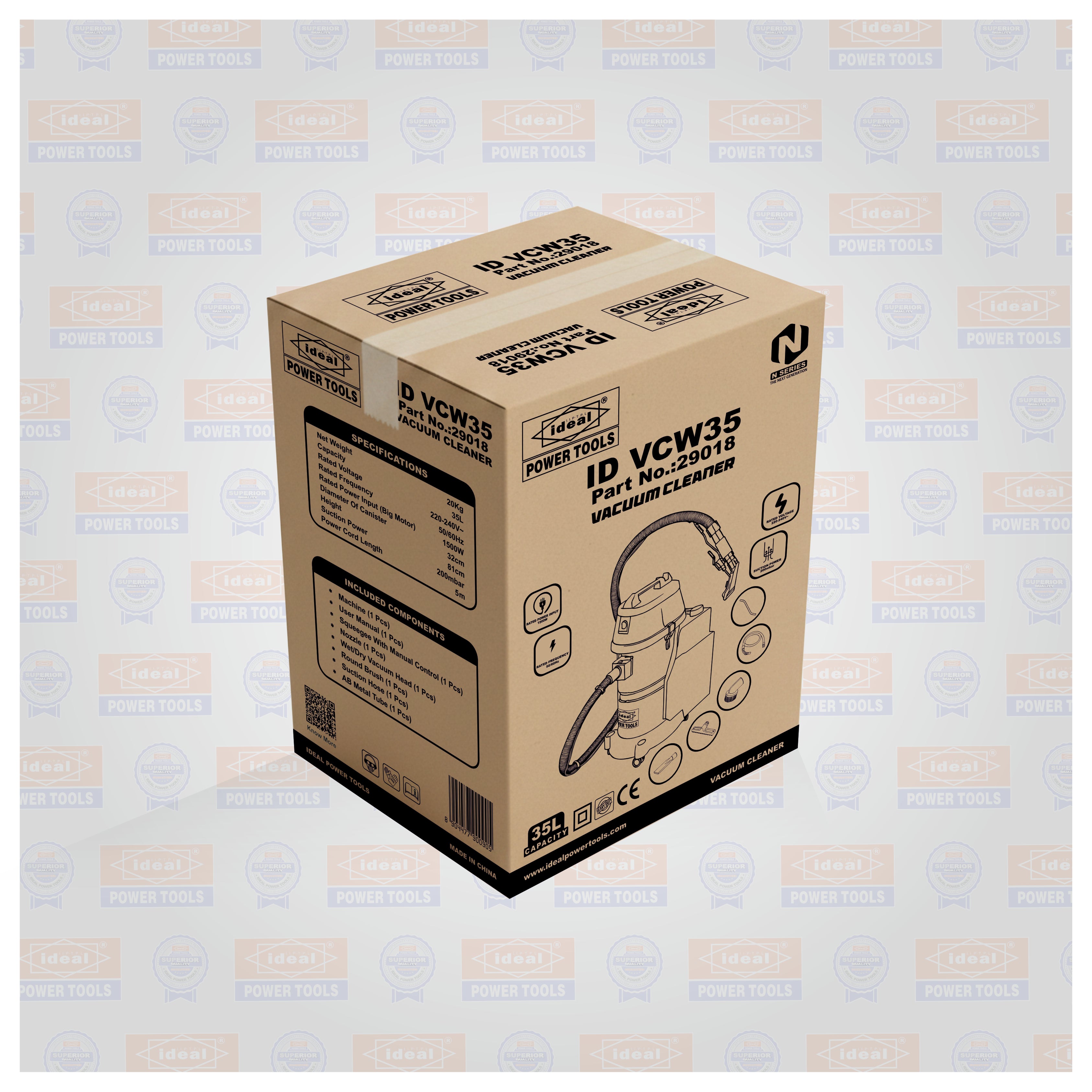 Cardboard box with ID VCW35 vacuum cleaner illustration on a branded background