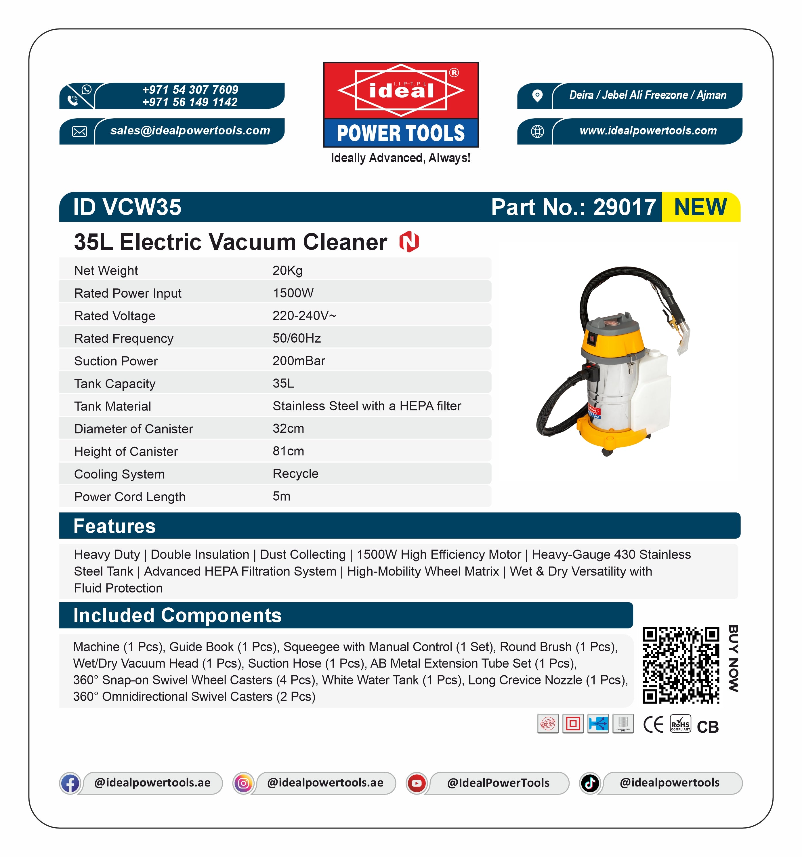Product label for 35L Electric Vacuum Cleaner with specifications and branding details.