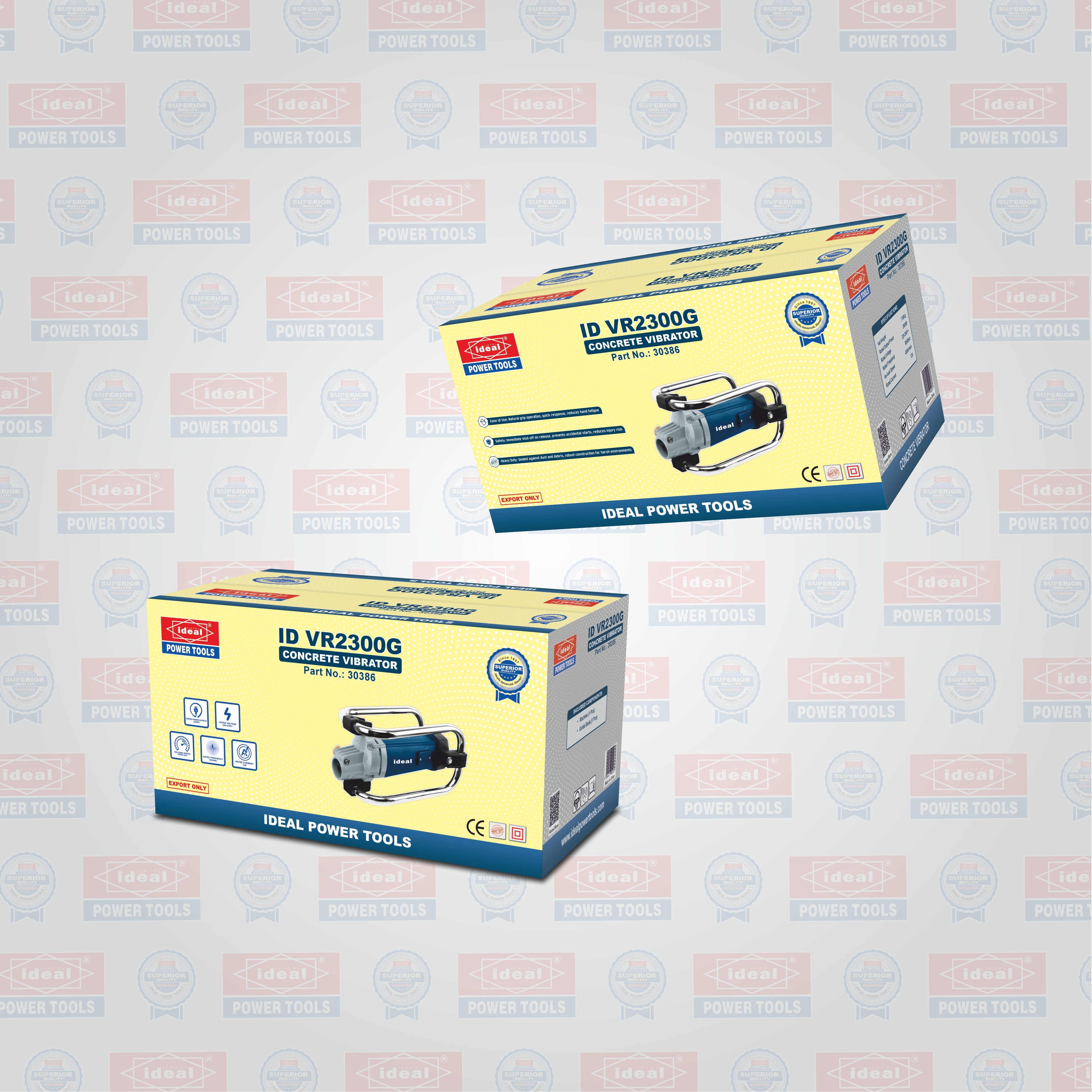 Two boxes of Ideal Power Tools concrete vibrator machine on a light gray background with brand logos.