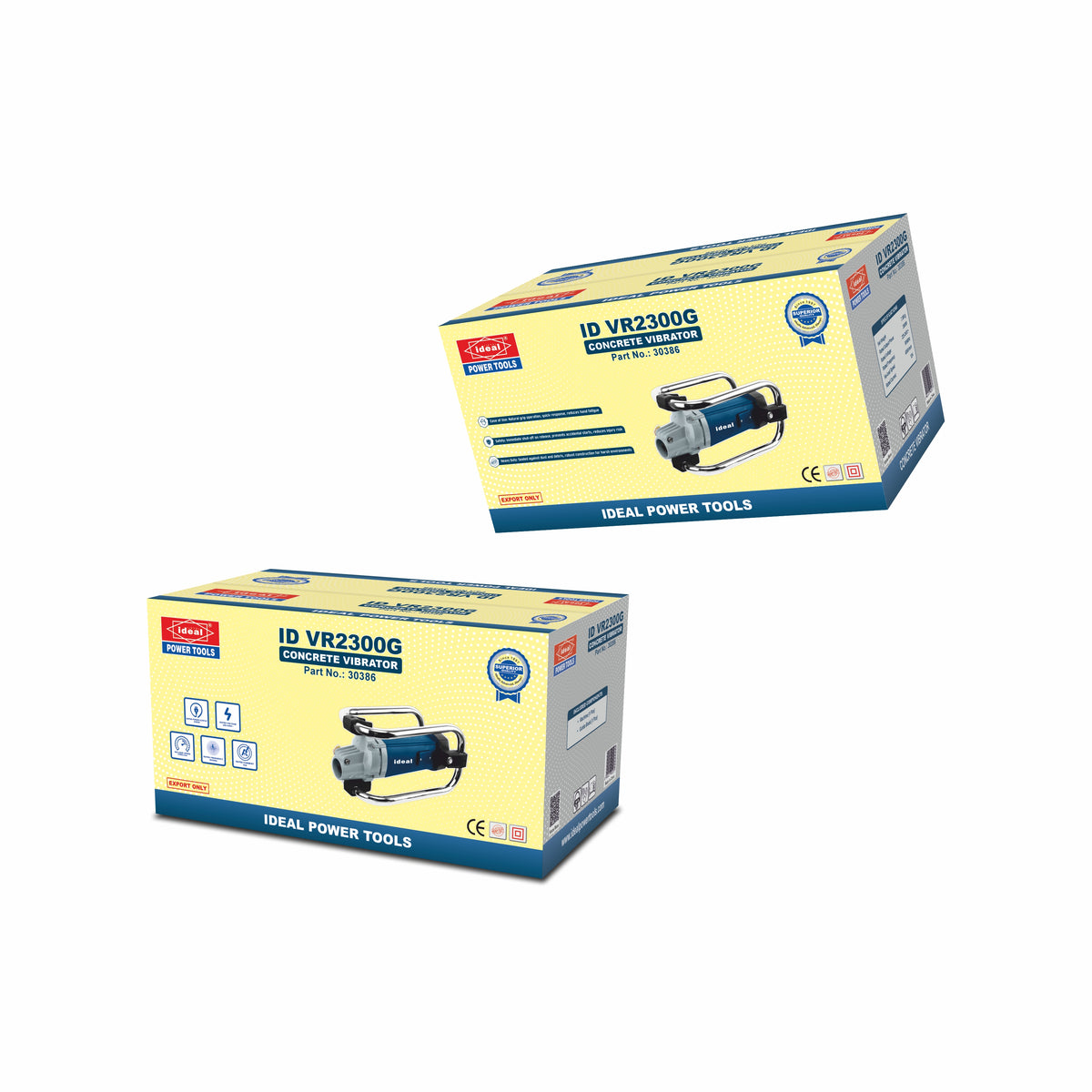 Two boxes of Ideal Power Tools concrete vibrator on a white background