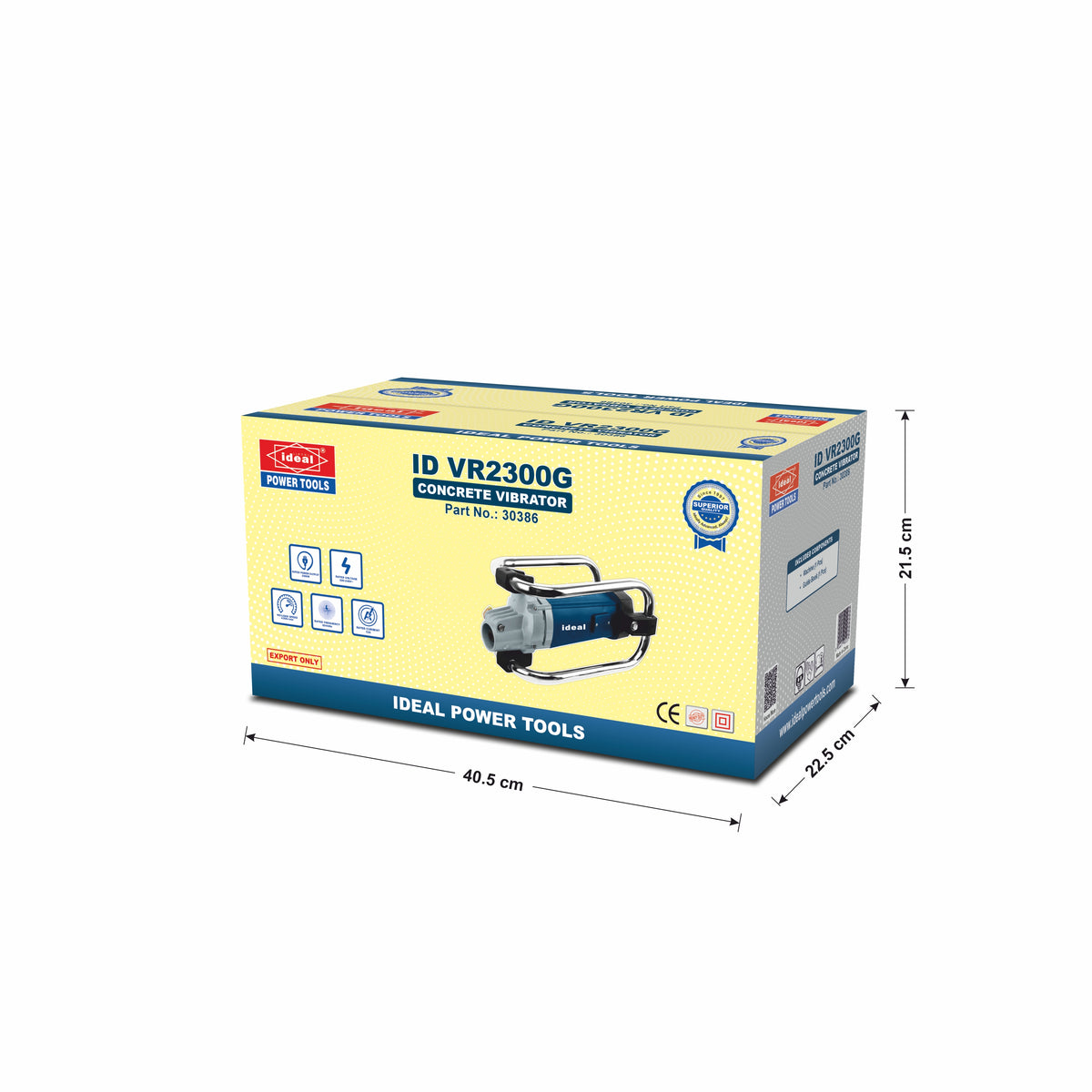 Box packaging of an ID VR2300G concrete vibrator with dimensions on a white background