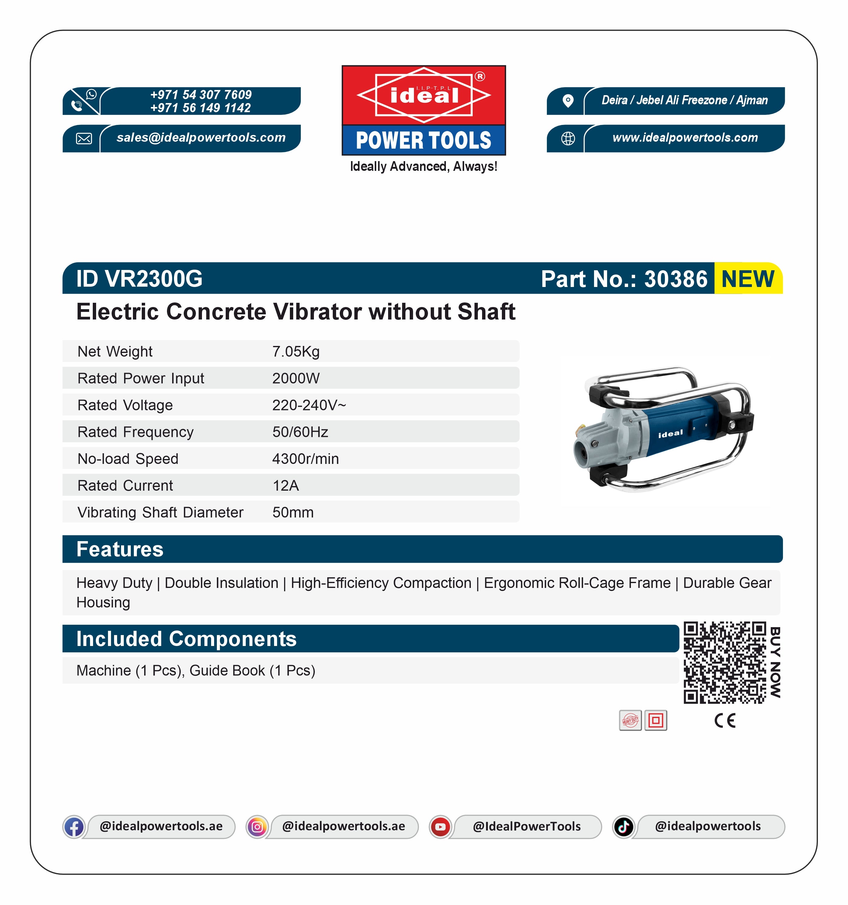 Product label for Ideal Electric Concrete Vibrator with technical specifications and branding details.